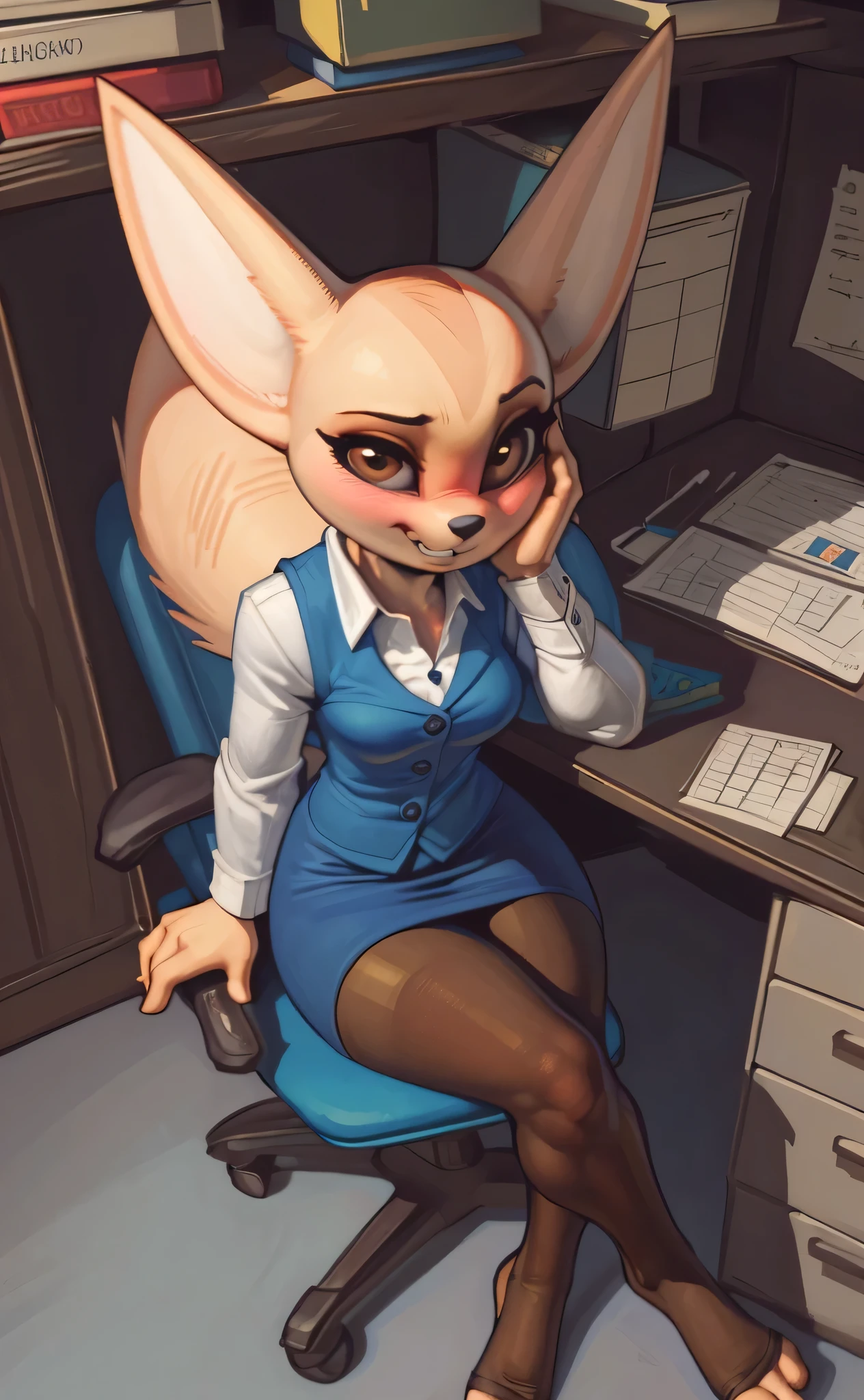 ((fenneko)), ((aggretsuko)), ((pixelsketcher)), ((wamudraws)), ((thefuckingdevil)), ((masterpiece)), ((high resolution)), ((cartoon style)), ((solo portrait)), {(attractive figure), (slim body), (beautiful legs), (cute feet), (beige fur), (black nose), (cute brown eyes), (long eyelashes), (fluffy tail), (blushing), (cute excited grin)}, {(white button-up shirt), (short blue pencil skirt), (opaque pantyhose)}, {(sitting in office chair), (head resting on cheeks), (looking at viewer)}, ((office cubical))