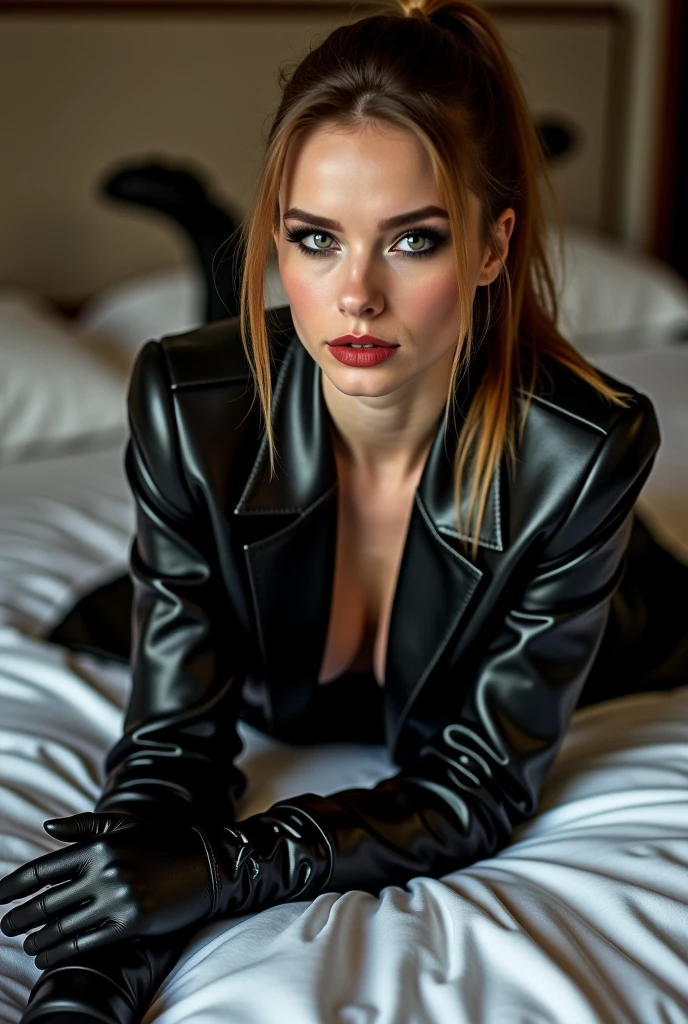 lying on a leather sofa,eyes closed,Sweaty sensual italian killer, gently caressing her breasts,blue eyes, red hair bangs, pony tail, wearing leather trench coat with large collar up, gold necklaces, Dressed in a defined leather,Black leather gloves,extremely detailed knee high black leather boots,Mouth slightly open,very defined blue eyes,in a dark room,Beautifull detailed lips,extremely detailed eyes and face,longeyelashes,realist hair,fierce expression,night lit by candles,sly smile,4k,8k,Highers,masterpiece:1.2),ultradetailed
