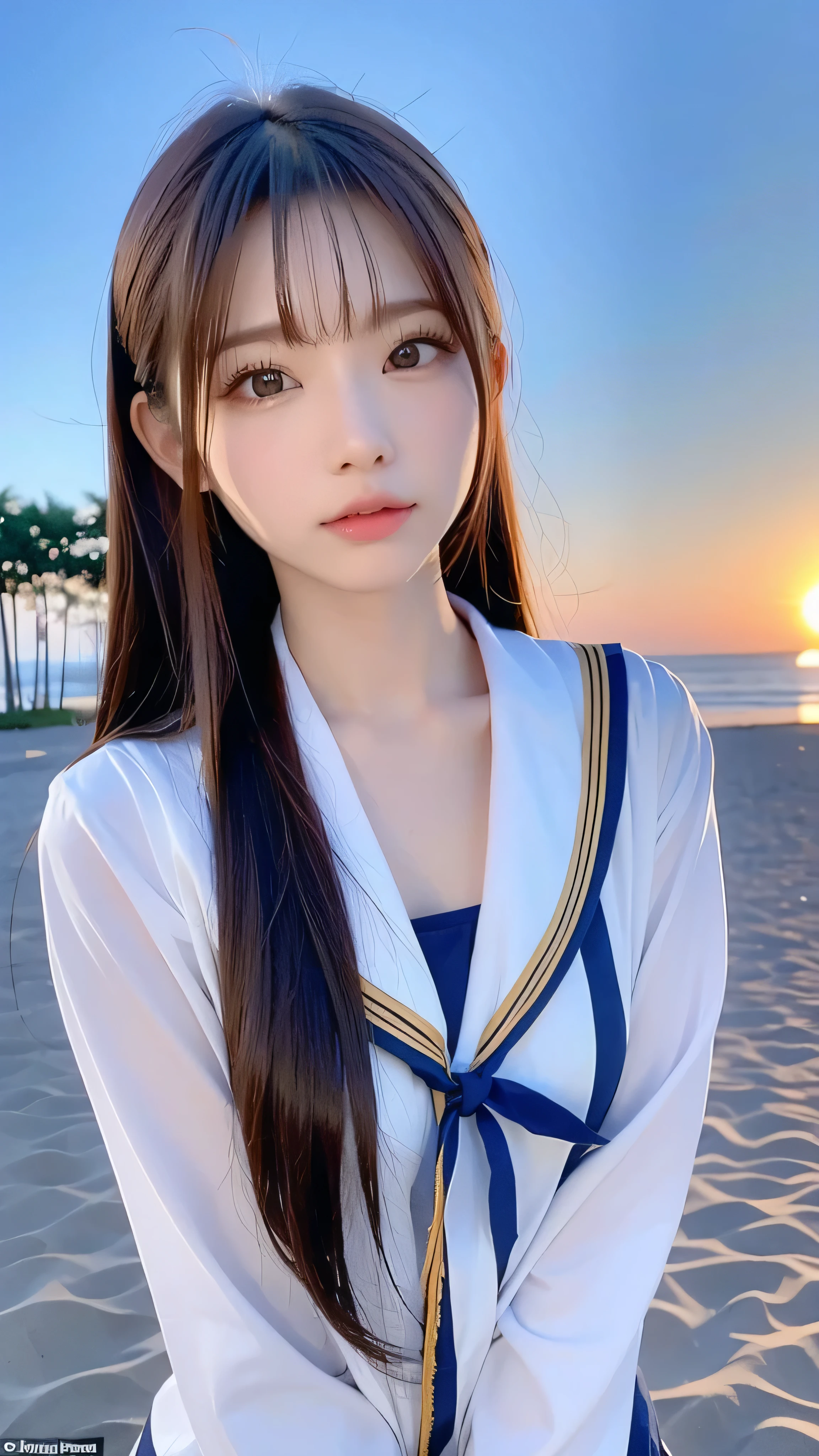  Japanese women like idols , long hair , straight hair , Round face , bust up ,  sailor suit  ,  as pictured  , Golden sand beach at sunset 