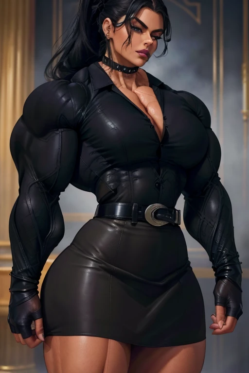 taller dominant mature woman, muscular woman, wearing knee high boots and a fishnet dress