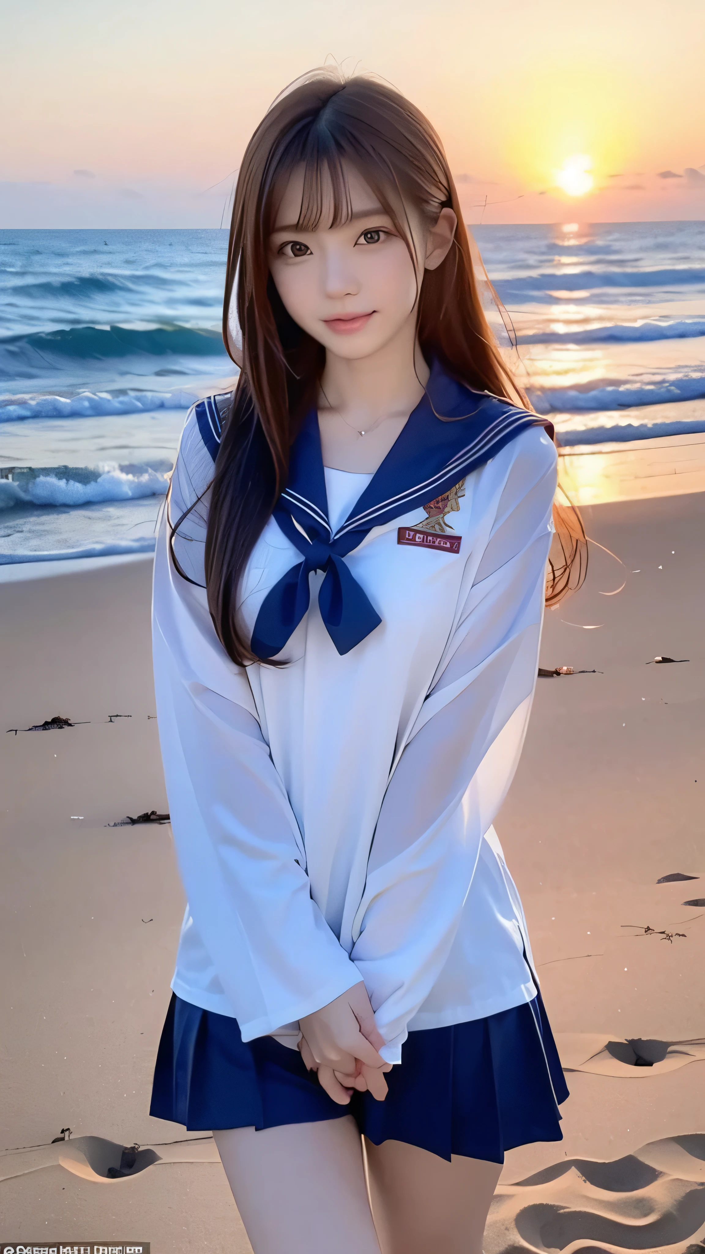  Japanese women like idols , long hair , straight hair , Round face , bust up ,  sailor suit  ,  as pictured  , Golden sand beach at sunset 