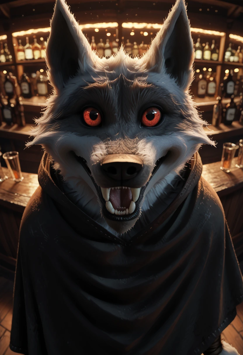 score_9, score_8_above, score_7_above, score_6_above, score_5_above, score_4_above, source_furry, , inside the bar, bokeh effect, night, dark,  conceptual art, realistic, close above, Alone, Deathwolf, Lobo, Black Sclera,  red eyes , Black hooded cape,  brown pants , arm bandages, Leg bandages,  white skin ,  anthropomorphic, eyes,   looking at the viewer , open mouth, in mouth, detailed mawshot 