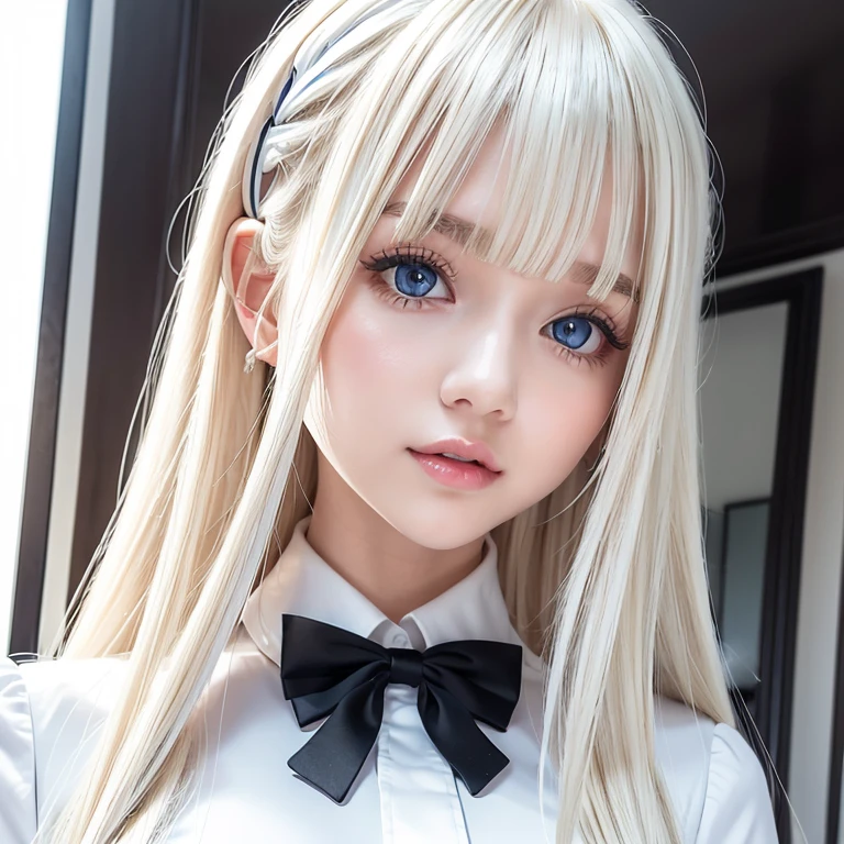  portrait、 School Uniform、 BRIGHT EXPRESSION 、young,  bright , Whiter skin、Great looks、Blonde reflection、  Platinum Blonde Hair with Dazzling Highlights、Shining bright hair,、Super Long,  silk straight hair 、 beautiful shiny bangs、Sparkling,  clear ,  charming big blue eyes 、 she's such a beautiful and adorable girl、 plump breasts 、black and white maid cafe uniform 