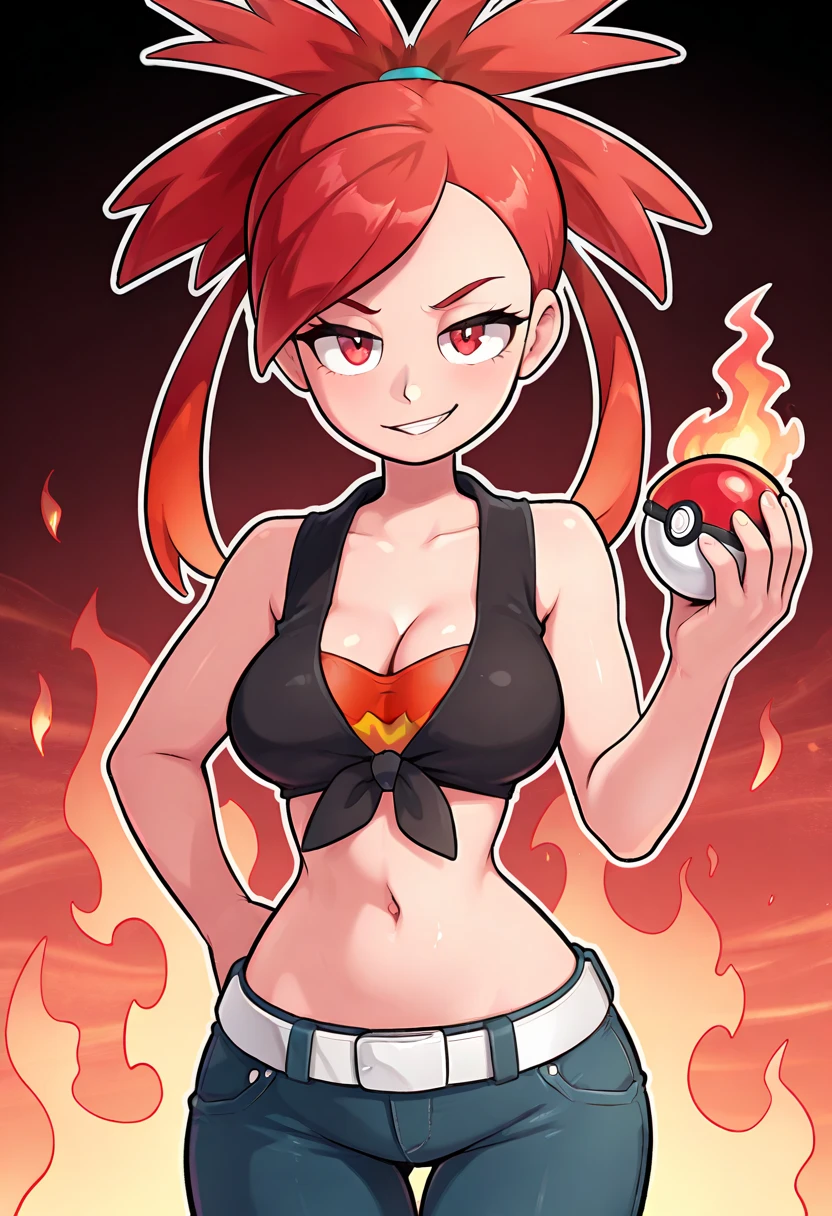 masterpiece, best quality, 32k, high resolution, absurdres, medium breasts, (curvy), cute, eyelashes,  shiny skin, vivid colors,   
BREAK, 
flannery (pokemon), red hair, red eyes, front-tie top, cleavage, sleeveless, white belt, narrow waist, midriff, navel, denim jeans,
smile, smug, holding pokeball,  
aura, fire, 
 abstract background, white outline,