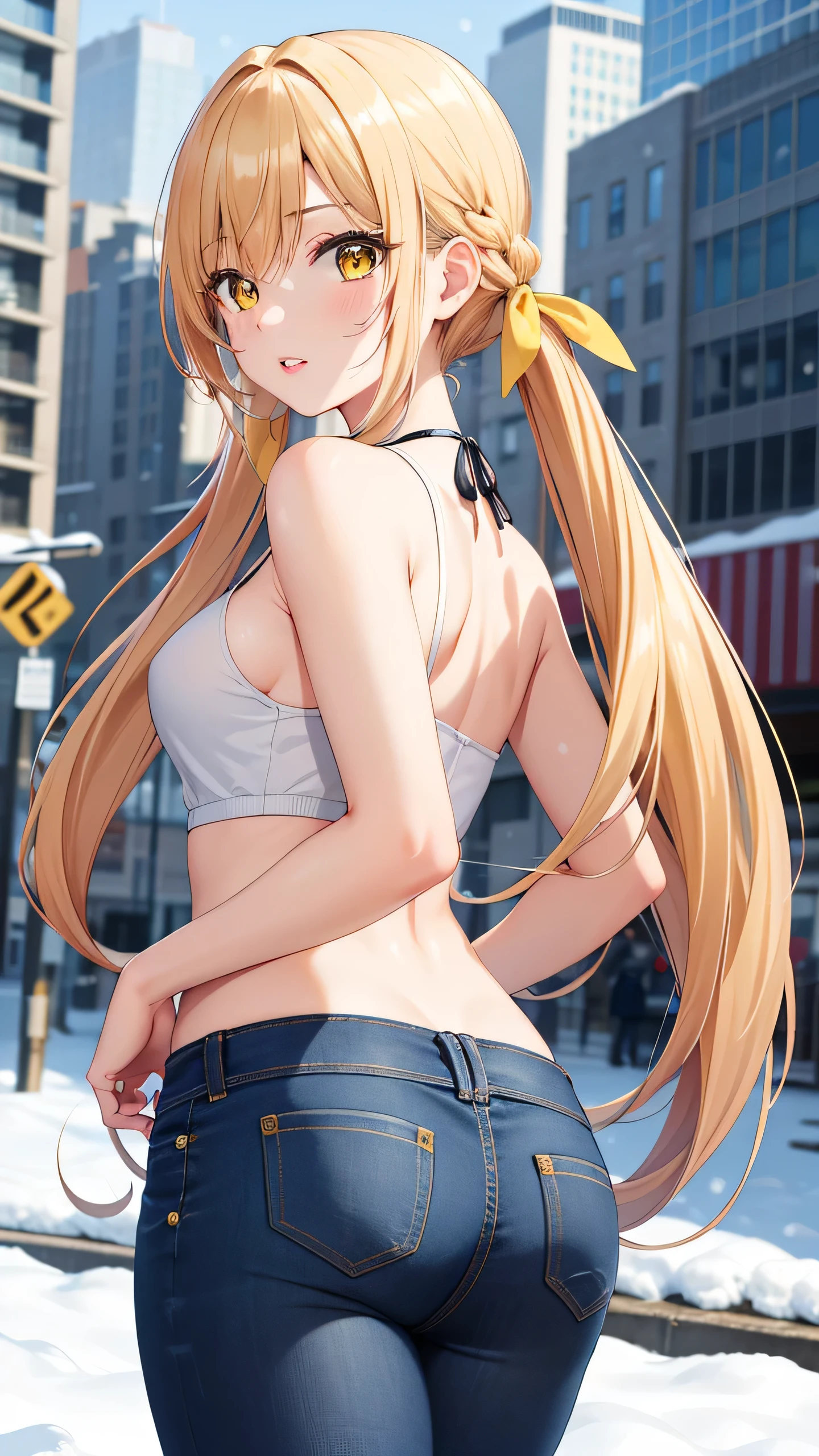 masterpiece, best quality, highly detailed, ultra high res, ayase arisa, karane inda 1girl, solo, long hair, bangs, blonde hair, twintails, very long hair, hair ribbon, (yellow eyes:1.3), low twintails, glossy lips, full lips, city, winter, snow, halter top, jeans, looking back at viewer