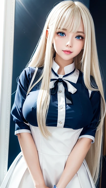  portrait、 School Uniform、 BRIGHT EXPRESSION 、young,  bright , Whiter skin、Great looks、Blonde reflection、  Platinum Blonde Hair with Dazzling Highlights、Shining bright hair,、Super Long,  silk straight hair 、 beautiful shiny bangs、Sparkling,  clear ,  charming big blue eyes 、 she's such a beautiful and adorable girl、 plump breasts 、black and white maid cafe uniform 