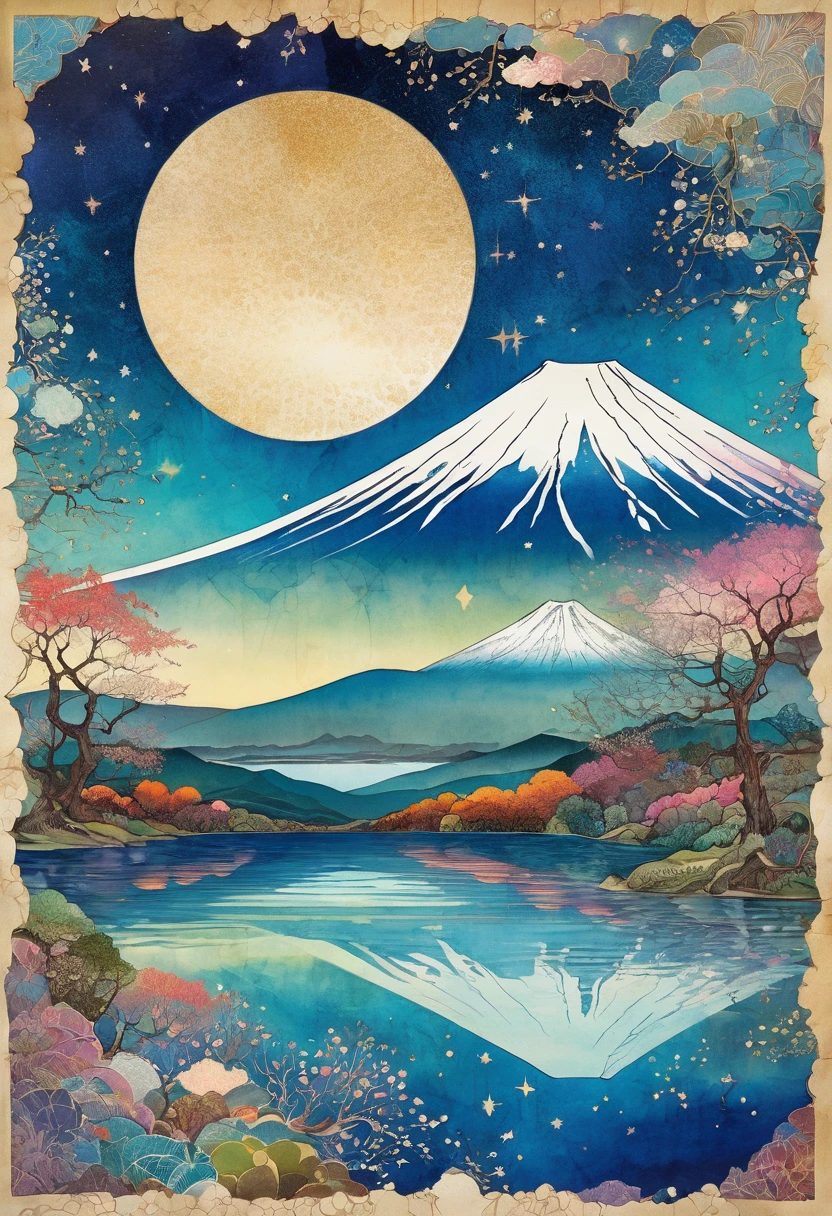 Serene Celestial Symphony depicting Mount Fuji: double exposure, magical masterpiece, highest quality, detailed panorama blending vibrant colors, 2D, tranquility, vintage serenity, art on cracked paper, patchwork, celestial dreamscape, detailed illustration from a storybook, cinematic, highly detailed, tiny harmonious details, mysterious and intricate starry background, breathtakingly beautiful
