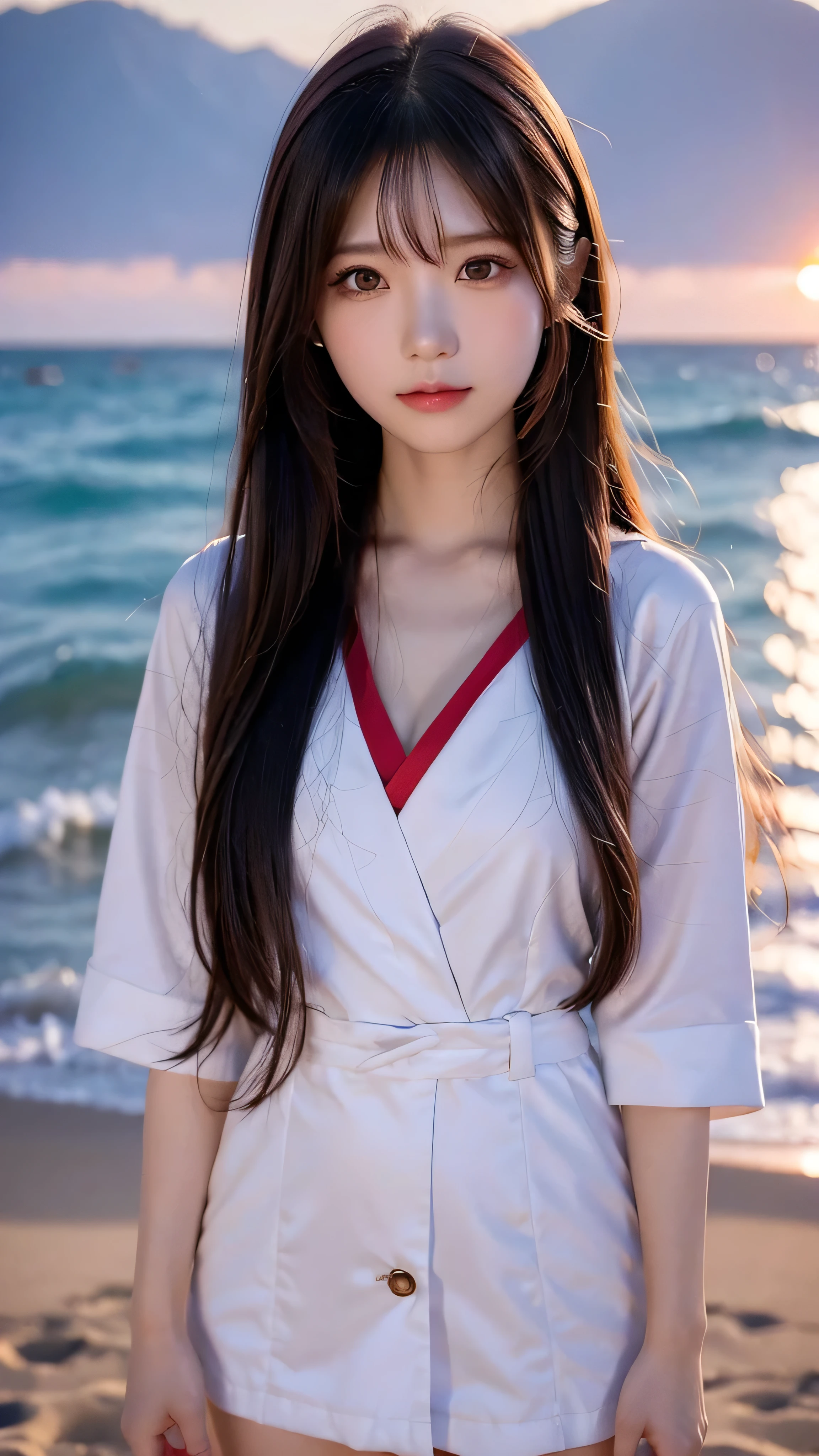  high-definition picture ， Japanese woman like an idol , long hair , straight hair , Round face ,K-face details  , white and red sailor suit  ,  as pictured  , Golden sand beach at sunset 