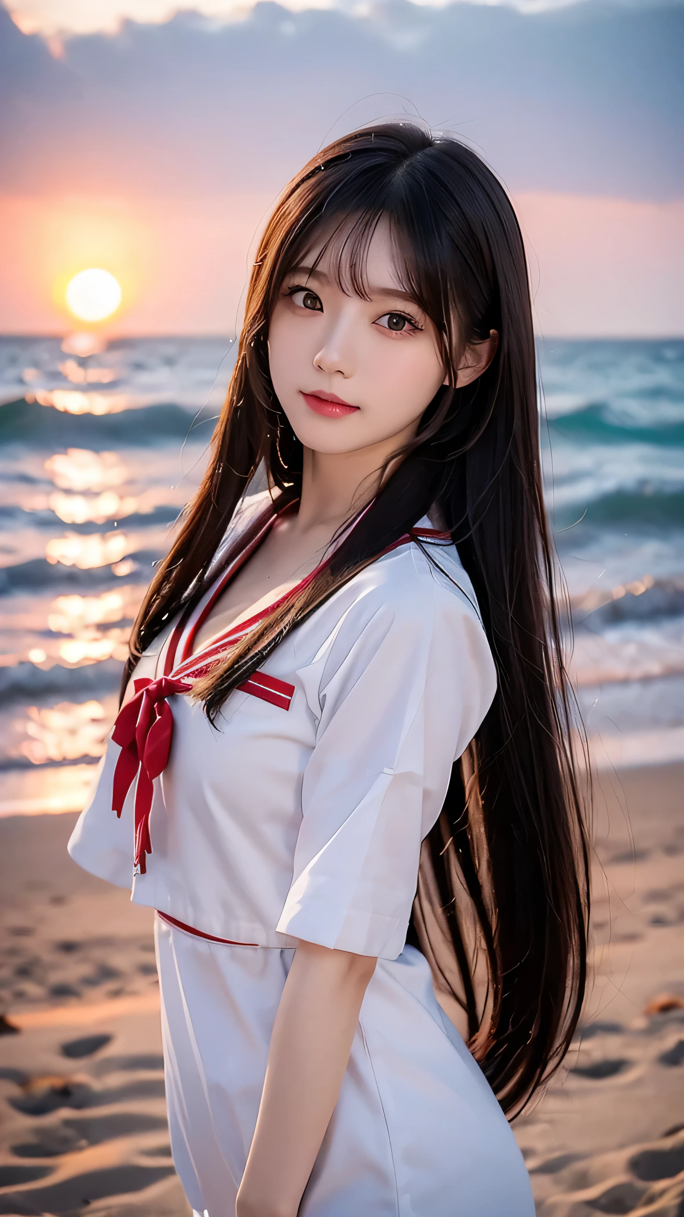  high-definition picture ， Japanese woman like an idol , long hair , straight hair , Round face ,K-face details  , white and red sailor suit  ,  as pictured  , Golden sand beach at sunset 