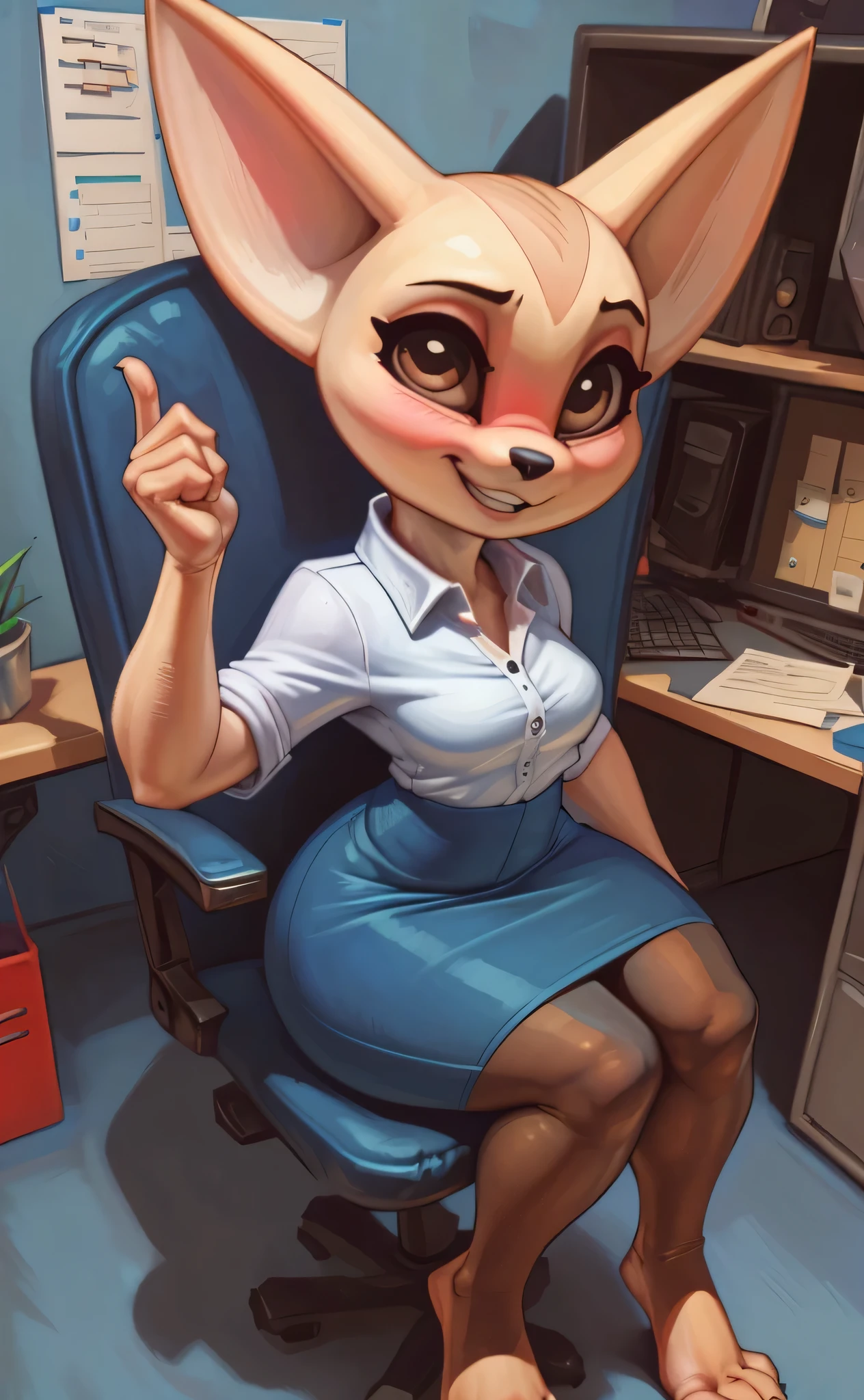 ((fenneko)), ((aggretsuko)), ((pixelsketcher)), ((siroc)), ((thefuckingdevil)), ((masterpiece)), ((high resolution)), ((cartoon style)), ((solo portrait)), {(attractive figure), (slim body), (beautiful legs), (cute feet), (beige fur), (black nose), (cute brown eyes), (long eyelashes), (fluffy tail), (blushing), (cute excited grin)}, {(white button-up shirt), (short blue pencil skirt), (opaque pantyhose)}, {(sitting in office chair), (looking at viewer)}, ((office cubical))