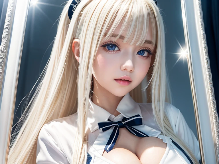  portrait、 School Uniform、 BRIGHT EXPRESSION 、young,  bright , Whiter skin、Great looks、Blonde reflection、  Platinum Blonde Hair with Dazzling Highlights、Shining bright hair,、Super Long,  silk straight hair 、 beautiful shiny bangs、Sparkling,  clear ,  charming big blue eyes 、 she's such a beautiful and adorable girl、 plump breasts 、black and white maid cafe uniform 