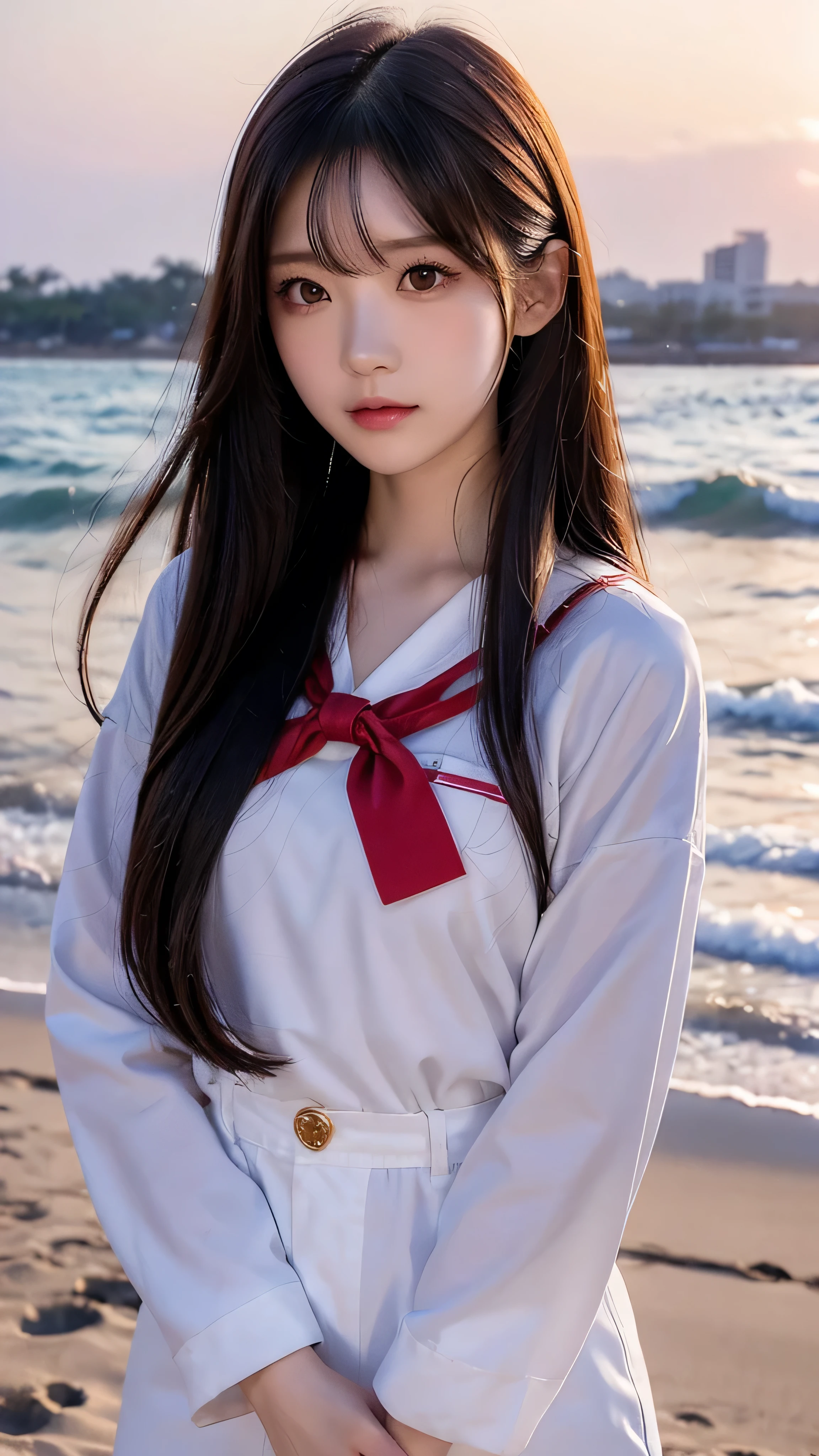  high-definition picture ， Japanese woman like an idol , long hair , straight hair , Round face ,K-face details  , white and red sailor suit  ,  as pictured  , Golden sand beach at sunset 