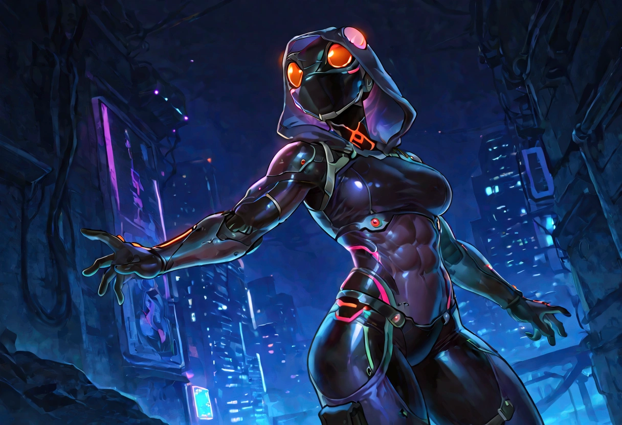 Anthropomorphic frog, Female cyborg ninja, cobra hood, wearing ninja clothes, cyberpunk, sexy, well-toned abs,  attempting to escape whirlpool in fear