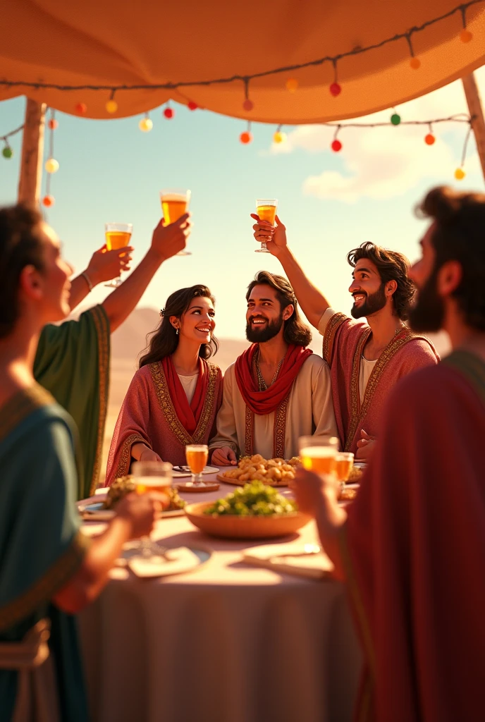 show people eating in the desert with joy and abundance
