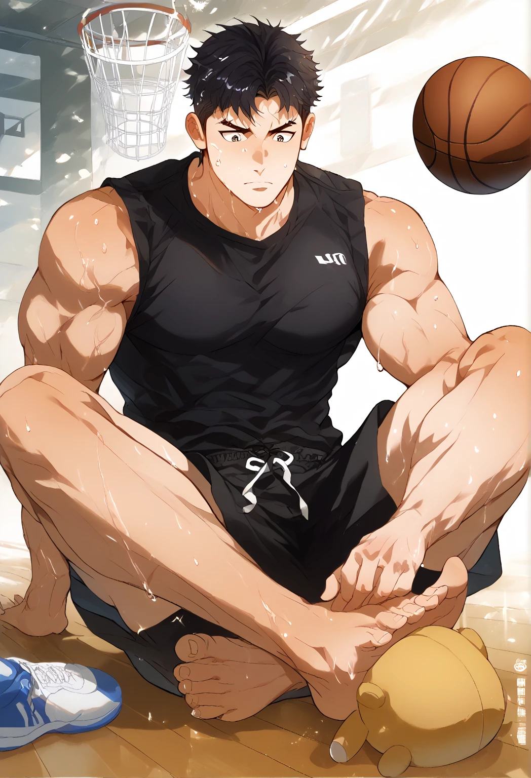 Feet,   1 boy   ,   abdominal muscles   ,仅have的,   bare shoulders   ,赤Feet,   basketball   ,Black hair,black shirt,black    shorts   ,black shirtกั๊ก,  polishing   ,Feet,Feet部焦点,   shortest leg   ,have,  male focus  ,   tight muscle   ,   tight muscle    female,   tight muscle    male, chest muscle ,shirt,Short hair,   shorts   ,sit,ถอดถุงFeetของคุณออก,ฝ่าFeet, ,   doll animal   ,  Doll Toys   ,sweat,shirtกั๊ก,Thigh,Feet趾，Bump