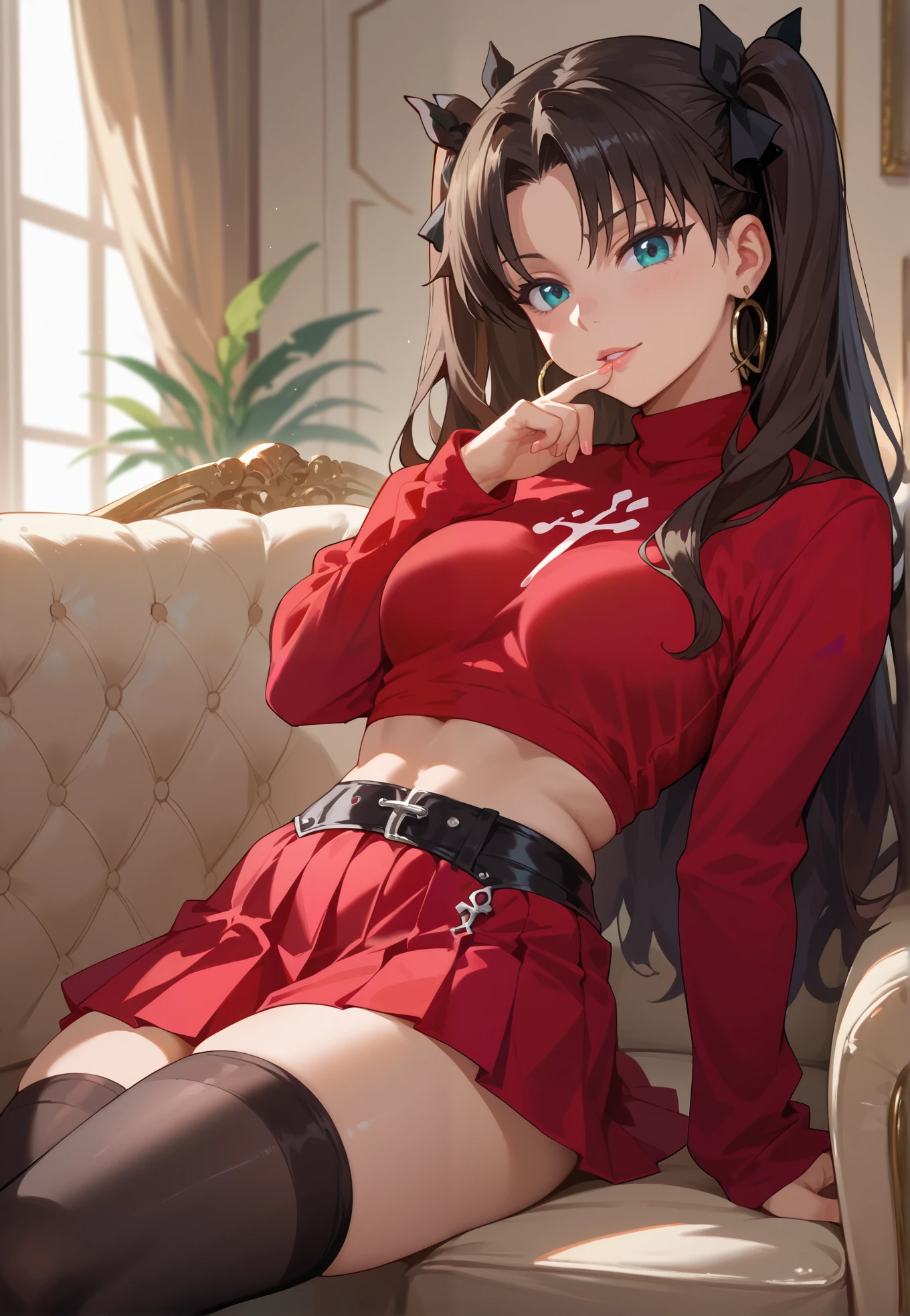 The girl has an athletic build.. She has golden eyes and fair skin. She ties her long dark brown hair with a red bandana., the raised ends of which resemble rabbit ears. She's wearing short leather shorts., white shirt, corset belt with gold trim "shield coat of arms with two swords" and a short red jacket with a hood. She also wears tall white boots., red knee socks and leather gloves with red accents, sitting on bedroll, Spread legs, (Masturbation, Clothes from hand to hand, Finger masturbation:1.3)