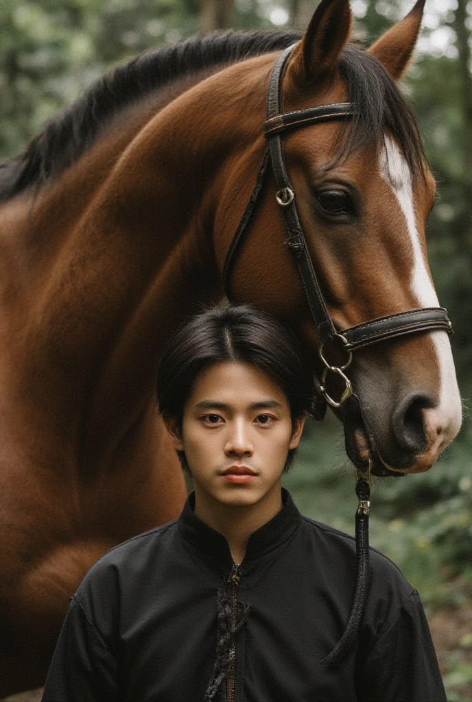 Man standing in front of face and body of brown arabian horse