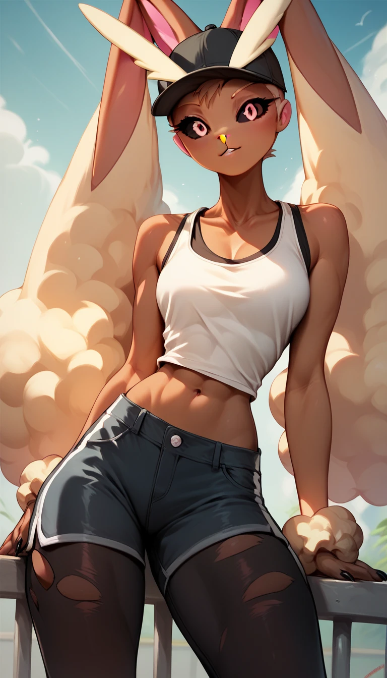 Lopunny wearing a tank top and a black leg calsa the tank top has a cap