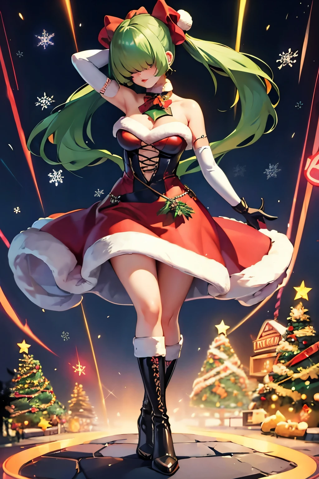 1girl, Anime, Large breasts, Sexy, Scantily Clad, Long Green Hair Covering Eyes, Two Ponytails, Wearing a Ridiculously Outrageous Christmas Dress, Elbow Length Gloves, Thigh High Heel Boots, Red Lips, Full Blush, Pixar, Wide Shot, Seductive Pose, Sparkle, Cinematic Lighting, Glowing Light, High Resolution, Best Quality, High Details, UHD, Surrounded by Sexy Xmas Love