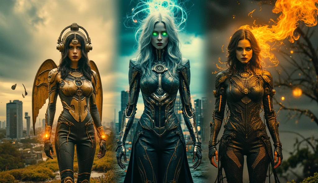 (best quality, 128k,highres,masterpiece:1.2),ultra-detailed,(realistic,photorealistic,photo-realistic:1.37), ((masterpiece)) ((photography)) ((Highest quality))  a breathtaking close-up scene featuring three goddesses, each embodying a different element of nature. The first goddess, styled in steampunk, represents air, with brass wings, gears adorning her outfit, and a mechanical staff generating whirlwinds. The second goddess, a cyberpunk cyborg representing fire, is covered in glowing neon circuits, with a metallic arm releasing fiery sparks and a holographic crown flickering above her head. The third goddess, representing earth, has a gothic style, dressed in a flowing black lace gown with moss and vines entwined around her and glowing emerald eyes. The background merges their realms, with swirling skies, a blazing neon cityscape, and a shadowy forest. The atmosphere highlights their elemental powers and unique designs, blending nature and technology.