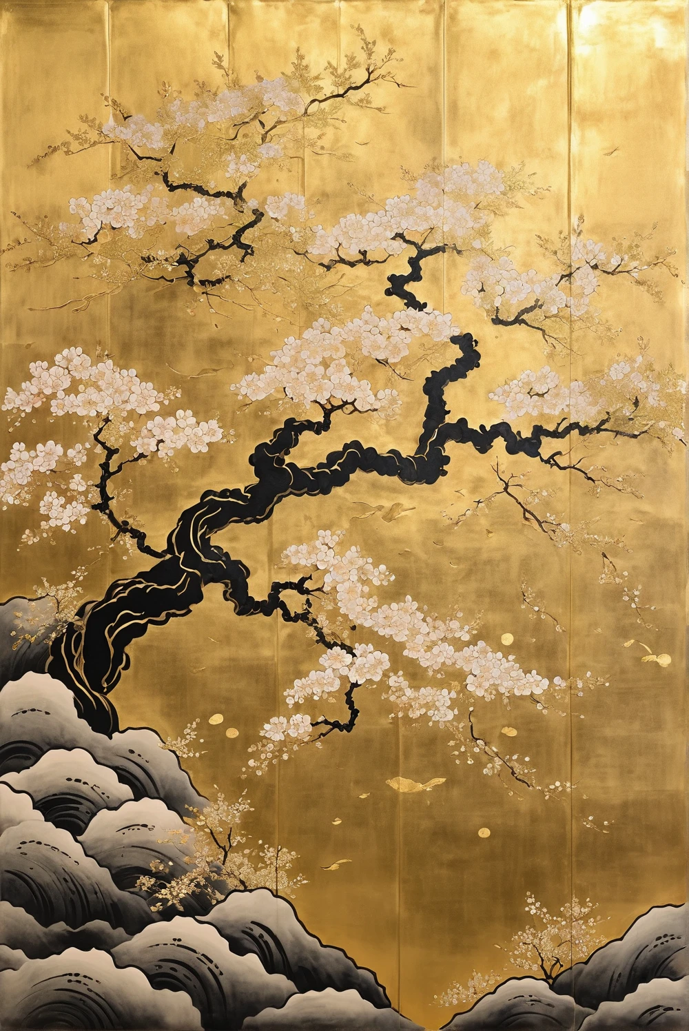 
(Gold Leaf Art: 1.5), Black gold-edged cherry blossom tree falling from the sky, background is old Japanese mural, minimalist, line art, godlike smoke from front center, solid to godlike transition, smart, powerful, serene, rich in detail, psychedelic, fantastical, dramatic, ancient Japanese style, style, sumi-e, fantasy, surreal, ethereal
