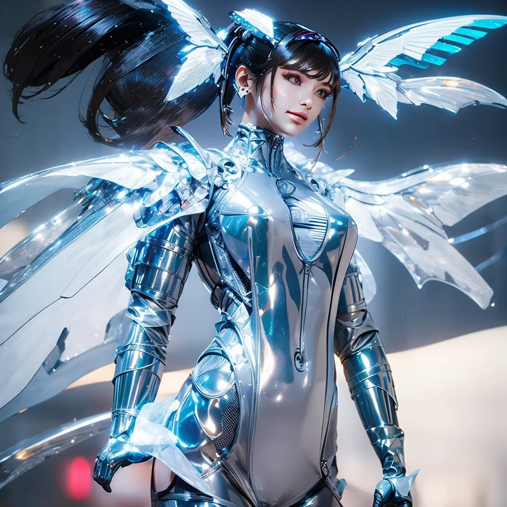 masterpiece, top-quality, hightquality, (the future:1.1), (Cyberpunk clothing), movie lights, (exquisite future), Beautiful and beautiful, ultra-detailliert, amazing composition, floating, depth of fields, (extremely details CG,Unity 8k壁纸), (beautiful detail background), beautiful hair details, dramatic lights, gogetta, mechs,Best Quality,超A high resolution,photoRealstic,tits out,cleavage of the breast,((Fly in the sky with your whole body)),(Hair that flutters in the wind),cute smile face,(Frolic happily),((machine wings)),Clench your fists