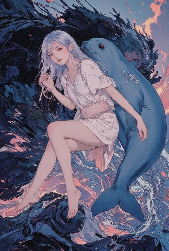 ((line-art Anime, manga aesthetic, highly detailed, vibrant colors, dynamic lighting, soft shading, 8k resolution, masterpiece)),(((1girl_seal)))A woman emerging from water, with a seal climbing up beside her to embrace her, symbolizing harmony and connection. The woman has long, flowing hair, wearing a simple, elegant dress that drapes gently around her body, creating a sense of ethereal beauty. The seal, with smooth fur and expressive eyes, gently wraps its flippers around her in a tender embrace. The scene is set in a serene, mystical landscape with soft, glowing light filtering through the water. The background is filled with gentle waves and mist, creating a peaceful atmosphere. The scene is highly detailed with dynamic lighting and vibrant colors, bringing out the contrast between the dark depths of the water and the illuminated figure of the woman and the seal. The art style is anime-inspired with manga aesthetics, soft shading, and vibrant hues that make the characters stand out beautifully. The image is rendered in 8k resolution, creating a sense of depth and intricacy in every detail, showcasing the masterpiece of this serene, magical moment."