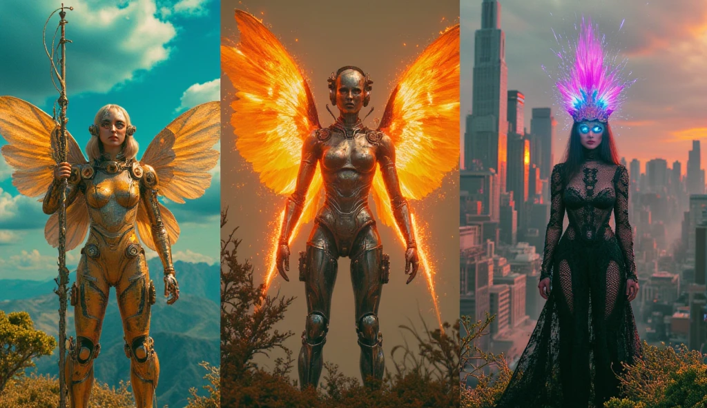 (best quality, 128k,highres,masterpiece:1.2),ultra-detailed,(realistic,photorealistic,photo-realistic:1.37), ((masterpiece)) ((photography)) ((Highest quality))  a breathtaking close-up scene featuring three goddesses, each embodying a different element of nature. The first goddess, styled in steampunk, represents air, with brass wings, gears adorning her outfit, and a mechanical staff generating whirlwinds. The second goddess, a cyberpunk cyborg representing fire, is covered in glowing neon circuits, with a metallic arm releasing fiery sparks and a holographic crown flickering above her head. The third goddess, representing earth, has a gothic style, dressed in a flowing black lace gown with moss and vines entwined around her and glowing emerald eyes. The background merges their realms, with swirling skies, a blazing neon cityscape, and a shadowy forest. The atmosphere highlights their elemental powers and unique designs, blending nature and technology.