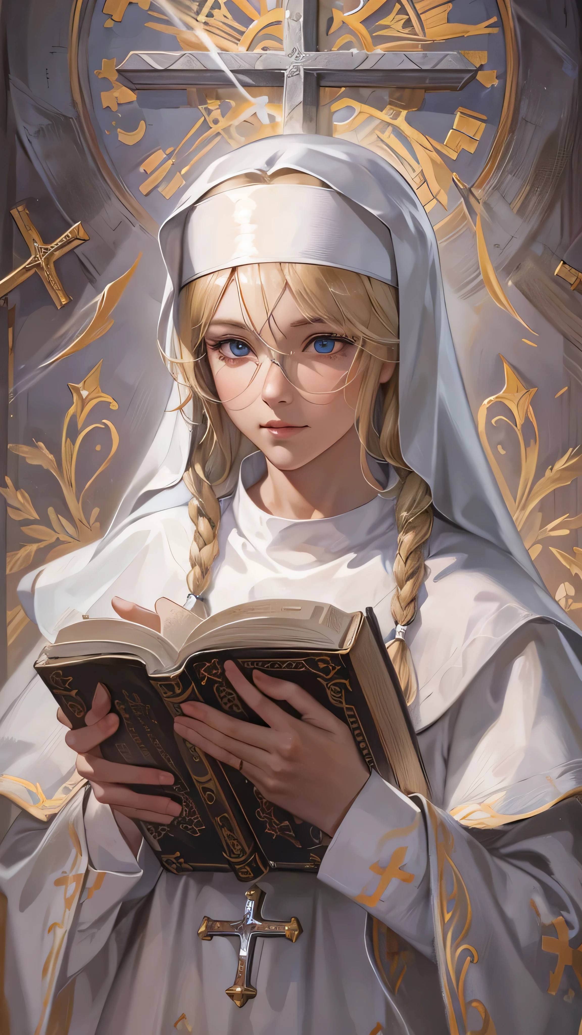 Nuns, cross, Bible,  blond hair, church,  realistic and detailed eyes  