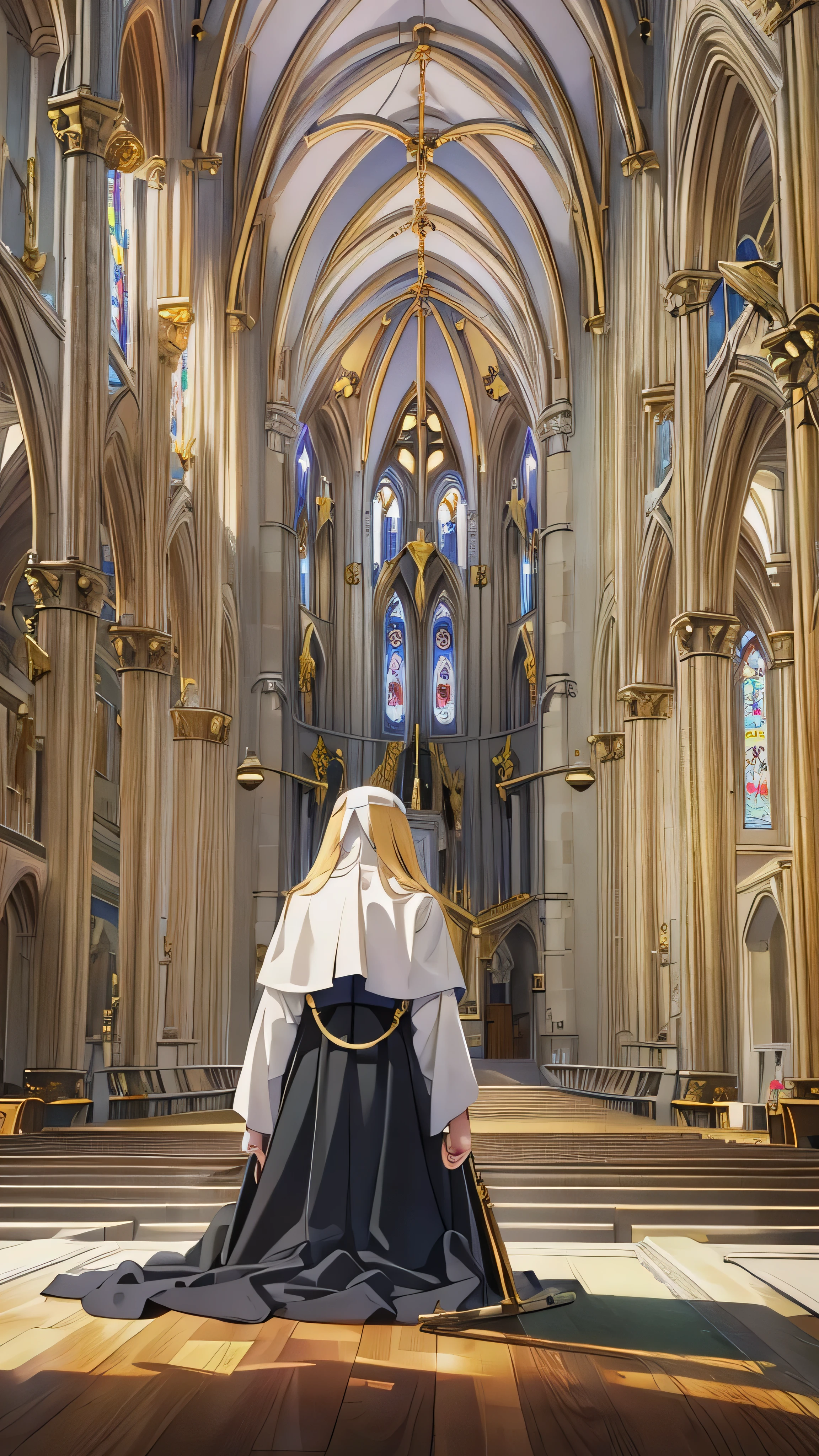  high-definition picture ，Nuns, cross, Bible,  blond hair, church,  realistic and detailed eyes、Inside the Cathedral。  