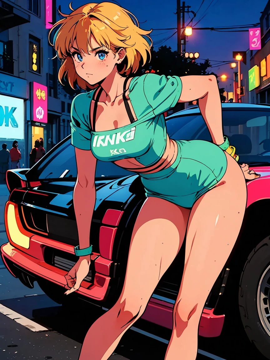 Beautiful feet, Healthy white skin, Street Racer girl, Alone, The fascinating side, y2k clothing, Neon-colored costumes, , Mischievous adult charm, Sensual and challenging look, Enhance your bare legs, on dark street, standing my custom tuned car. close up