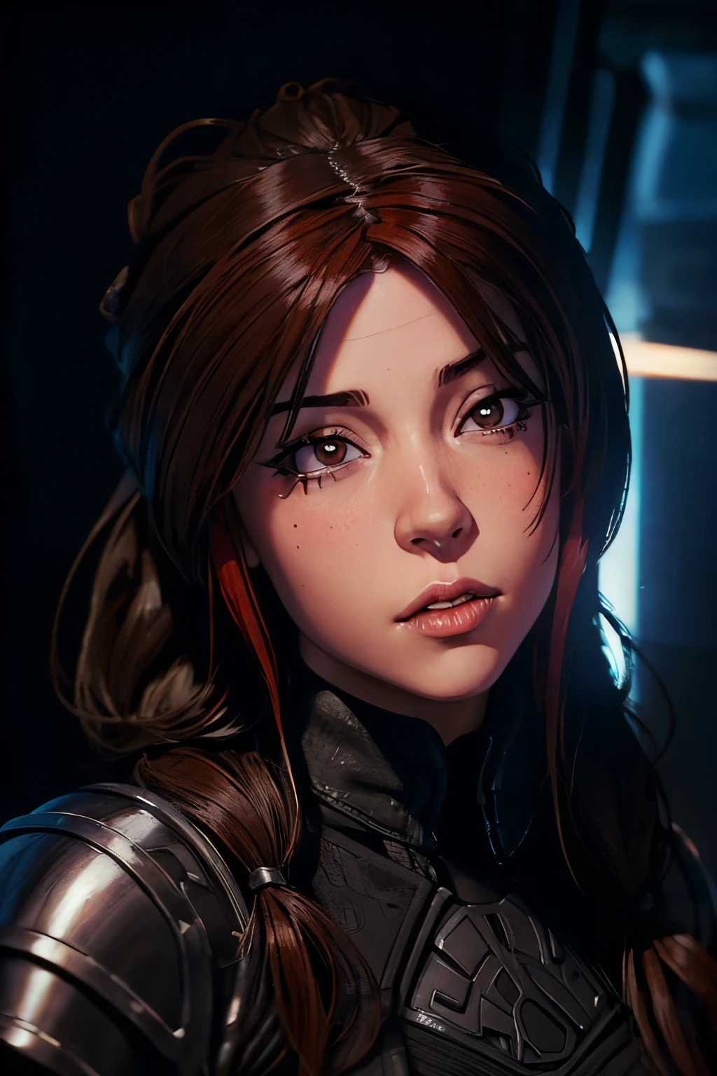 solo, better eyes, (latina), better skin, better face, (medium-small plump breasts:0.8), (Mandalorian Armor)), (monochrome image with accent color), ((solo)), ((masterpiece)),((high resolution)),((best quality)), extremely fine and beautiful, super fine illustration, (insanely detailed anime eyes), vivid and beautiful, shocking sensation, incredibly detailed, photorealistic, (realistic skin), (insanely detailed anime eyes), (plump luscious lips), realistic eyes, professional, realistic face, Cyberpunk character concept art, movie lighting, weighted shadows, ((very long weighted red-auburn flowing hair)), long hair, beautiful detailed girl, side body view, facing at viewer, (brown eyes:1.2)), movie lighting, perfect shadow, realistic lighting shaded