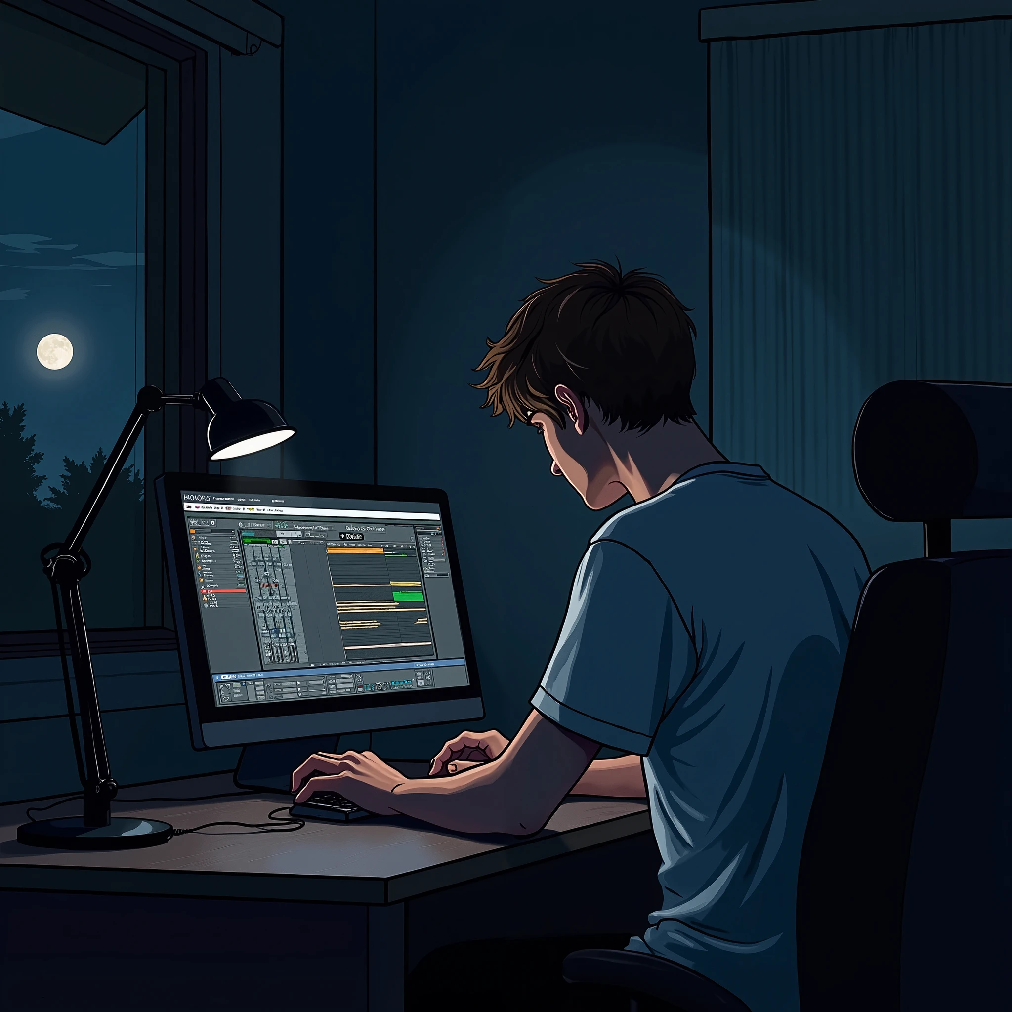 side view, white adult guy with short brown hair in a t-shirt sits at the computer at night, his face is hidden in the dark , The room has a window from which the moon shines and slightly illuminates the room , FL studio , there is an unfilled bed in the room and there is a microphone on the computer desk , comic dark drawing style