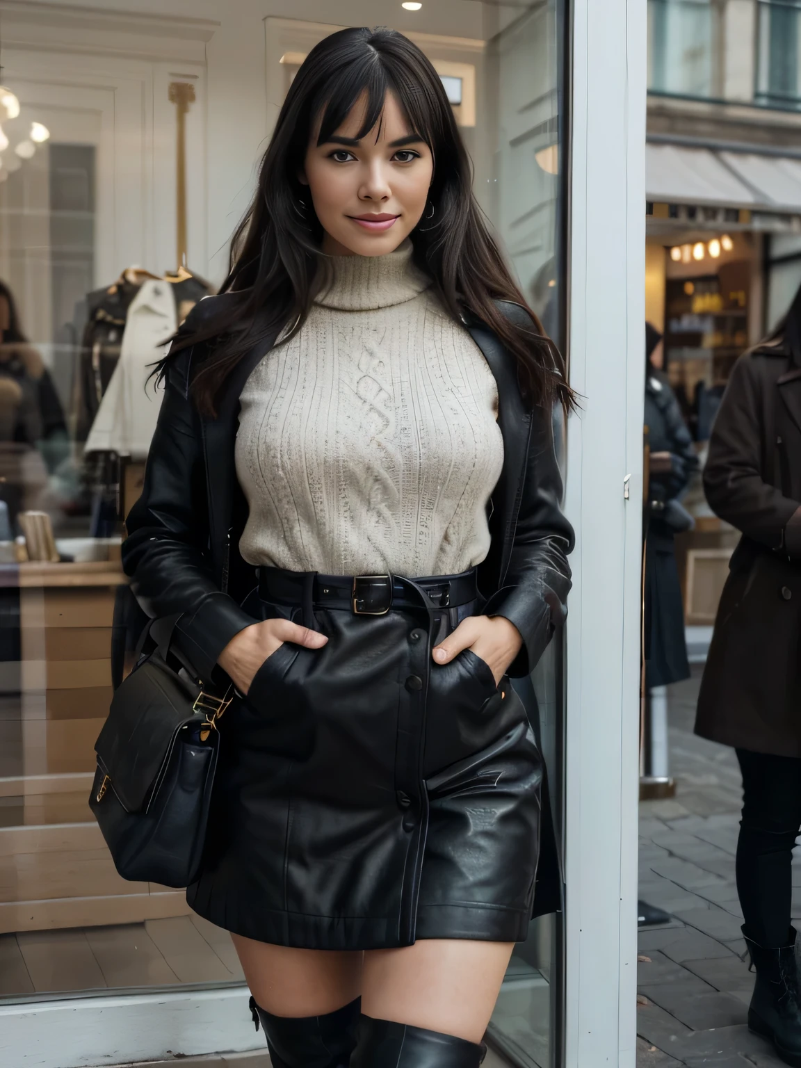 solo lovely smiling Bettie Page, strong daylight,wintertime, very cold, raining,in front of boutique, (highest quality texture), boutique store front, display windows full of interesting items, film quality, completly dressed in high style leather fashion, maxy long wool coat large wool sweater, long maxy wool skirt, soft tight black gloves, tigh high boots,shoulder bag,she's in front of beautiful boutique ,soft accent candlelight in windows, gorgeous rembranndt like lighting, (Rembrandt patch), (highest quality window details), hip cool boutique in background, silky long dark hair, hair bangs to her eyes, every detail,Fine facial features, Masterpiece โ Masterpiece โโ quality โ โโ quality best quality(Highest Quality) ,Leica film, best, solo female, High quality (hiquality)ใetc โโ detailed โ โโ details ultra detailed(Ultra-fine ), Photorealistic, Extremely detailed(Extremely detailed) , Finely detailed(Fine-grained), (highest detail skin texture peachfuzz earlobe realistic)ใetc โโ res โ โโ resolution ultra high res(A high resolution) , very high texture res(light resolution), Realistic โ Realistic Photorealistic โ photorealistic beautiful โ beautiful 4k , 8K, artsy shop front, close and intimate,