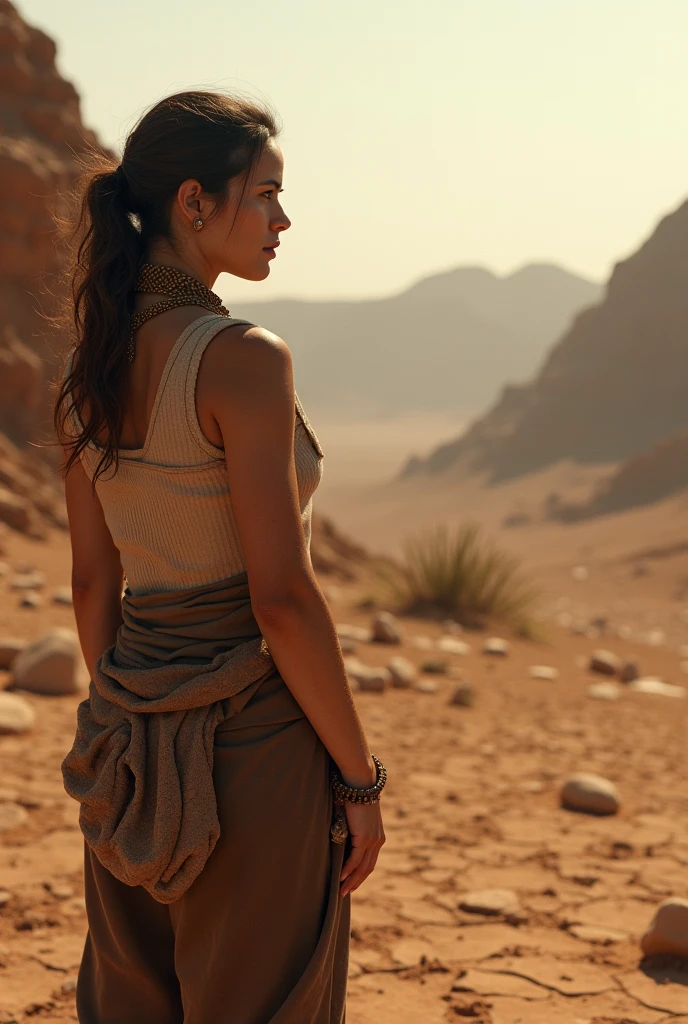 Create a woman thinking about arid land, Aucallama Peru