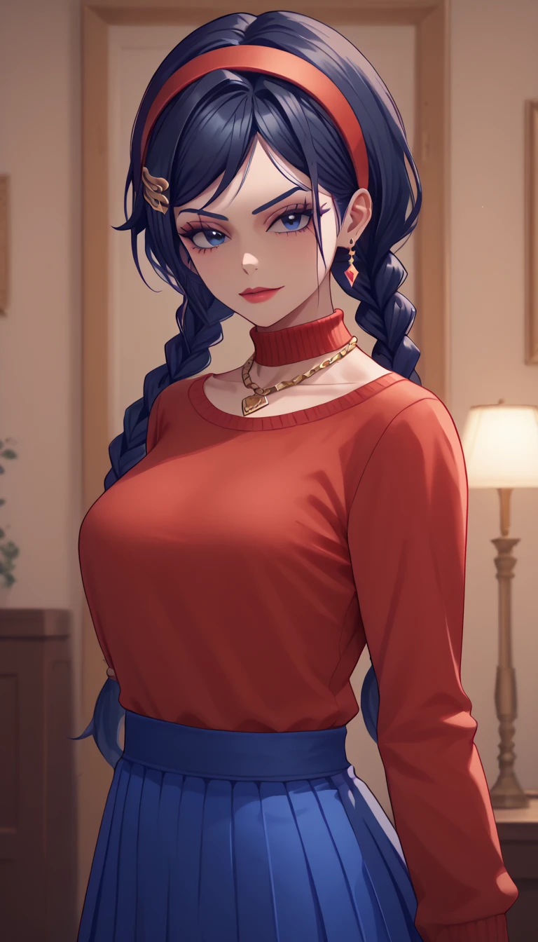 score_9,score_8_up,score_7_up, One,  1 girl fights,  dark blue eyes ,  dark blue hair ,  braids hair in braids ,  red hairband , necklace,  red sweater, blue skirt,  hair ornament , tattoo, mafia boss, (wear mafia clothes:1.5),, evil aura, 