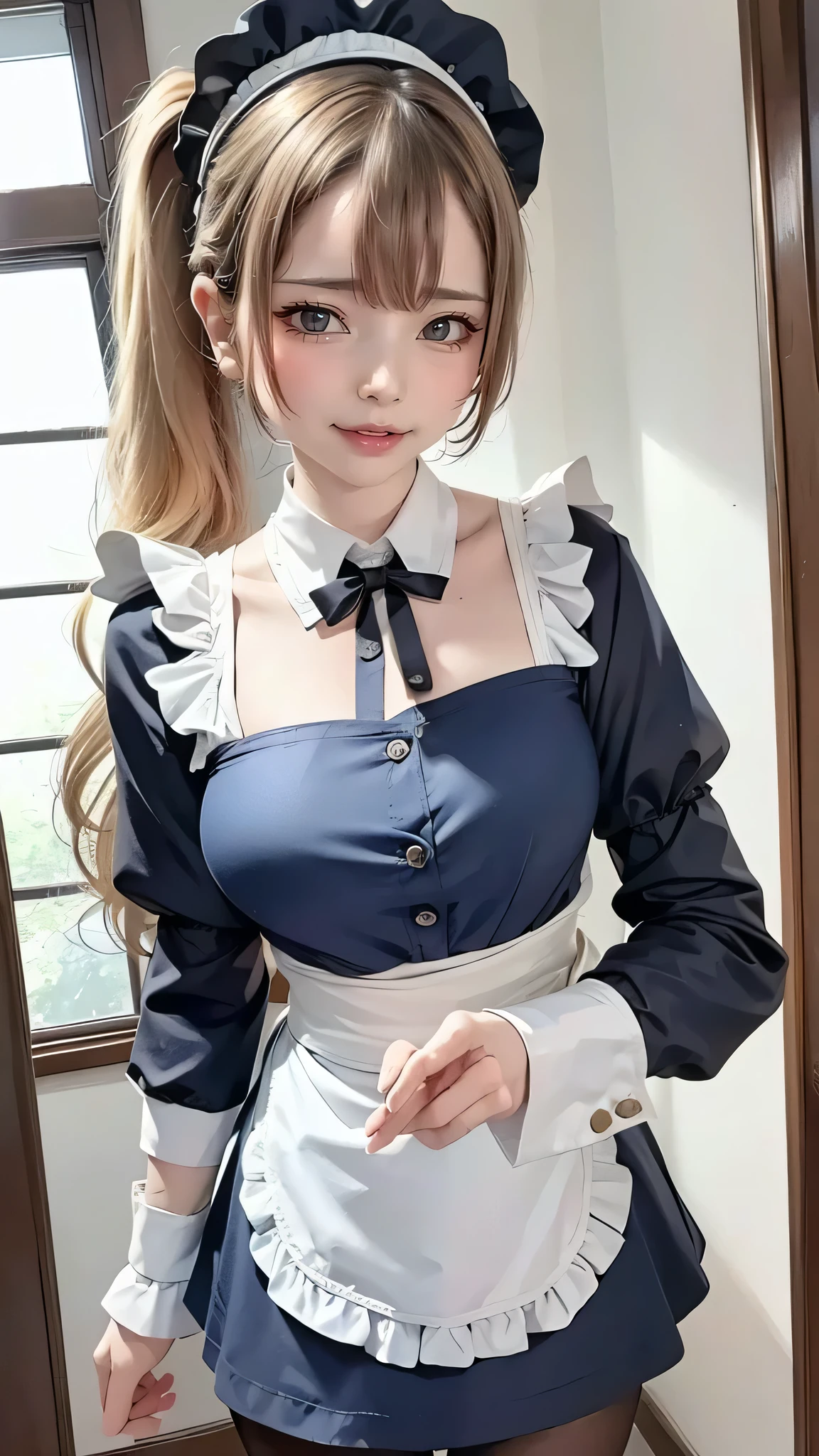 Masterpiece, highest quality, High resolution, One girl, Hayasaka ai, alone, Blonde, Maid, blue eyes, Side Ponytail, Hair Scrunchie, hair ornaments, Blue Scrunchie, Maid headdress, apron, Hair between the eyes, , Long sleeve, bangs, White shirt, Black Dress, Side Lock, Maid apron, Black Pantyhose, Cowboy Shot,
