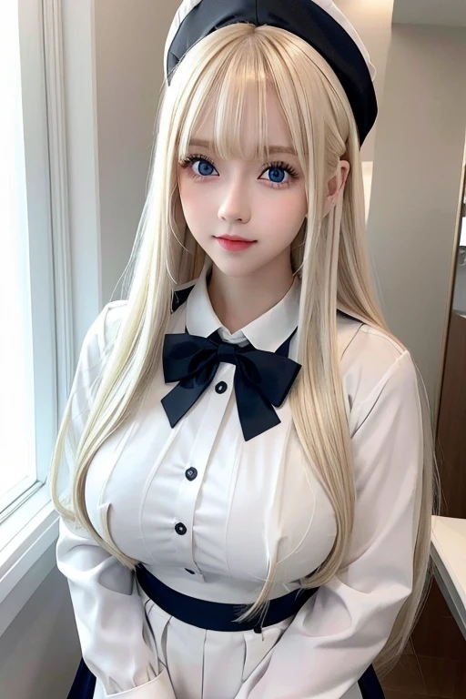  portrait、 School Uniform、 BRIGHT EXPRESSION 、young,  bright , Whiter skin、Great looks、Blonde reflection、  Platinum Blonde Hair with Dazzling Highlights、Shining bright hair,、Super Long,  silk straight hair 、 beautiful shiny bangs、Sparkling,  clear ,  charming big blue eyes 、 she's such a beautiful and adorable girl、 plump breasts 、black and white maid cafe uniform 