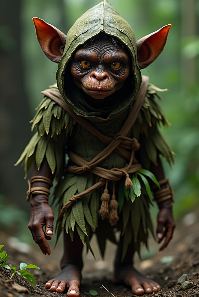 Creating an image of a mythological being from the Peruvian jungle , The chullachaqui. He is a dwarf with a humanoid body with dark skin . His face has human characteristics , but with a disturbing expression and mischievous eyes . The most distinctive thing is that it has only one foot , deformed and much larger than the other , which gives it its name. He wears clothes made of leaves and natural fibers , and his face is partially covered by a shadow or hood, creating a mysterious atmosphere .