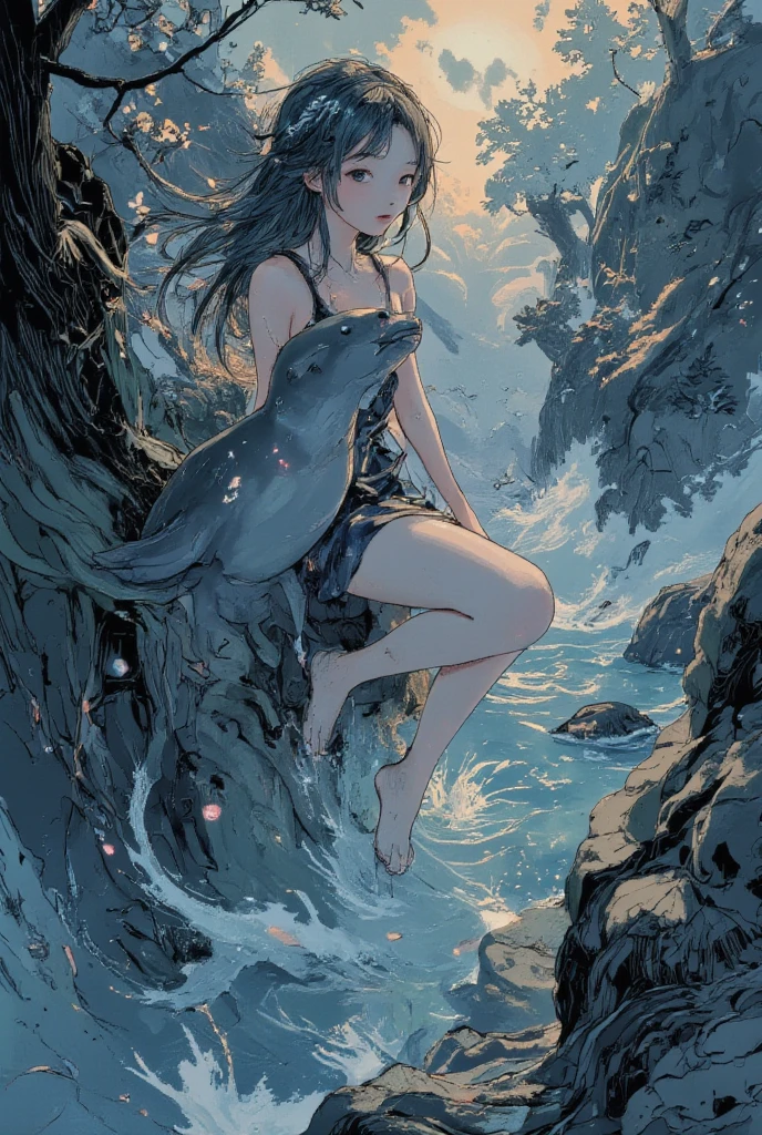 ((line-art Anime, manga aesthetic, highly detailed, vibrant colors, dynamic lighting, soft shading, 8k resolution, masterpiece))、A woman emerging from water, with a seal climbing up beside her to embrace her, symbolizing harmony and connection. The woman has long, flowing hair, wearing a simple, elegant dress that drapes gently around her body, creating a sense of ethereal beauty. The seal, with smooth fur and expressive eyes, gently wraps its flippers around her in a tender embrace. The scene is set in a serene, mystical landscape with soft, glowing light filtering through the water. The background is filled with gentle waves and mist, creating a peaceful atmosphere. The scene is highly detailed with dynamic lighting and vibrant colors, bringing out the contrast between the dark depths of the water and the illuminated figure of the woman and the seal. The art style is anime-inspired with manga aesthetics, soft shading, and vibrant hues that make the characters stand out beautifully. The image is rendered in 8k resolution, creating a sense of depth and intricacy in every detail, showcasing the masterpiece of this serene, magical moment."