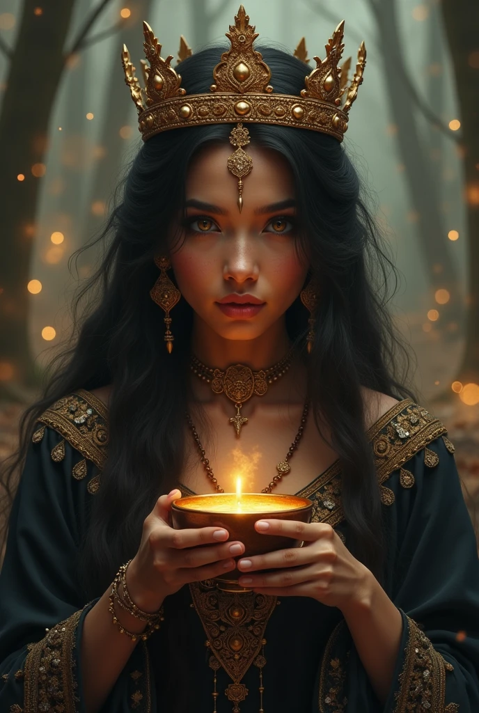 a black woman , Gypsy woman with a crown on her head and a cup with cider in her hands