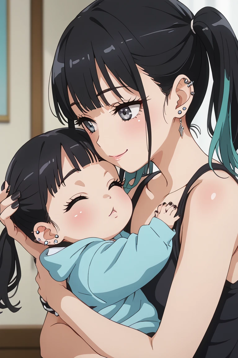 KJOnowa, grey eyes, black hair, multicolored hair, twintails, anime screencap, small breasts, nail polish, black nails,                    BREAK  earrings, piercing, ear piercing, takeda hiromitsu style,                          mother and , small,hugging up, ((baby withck hair)