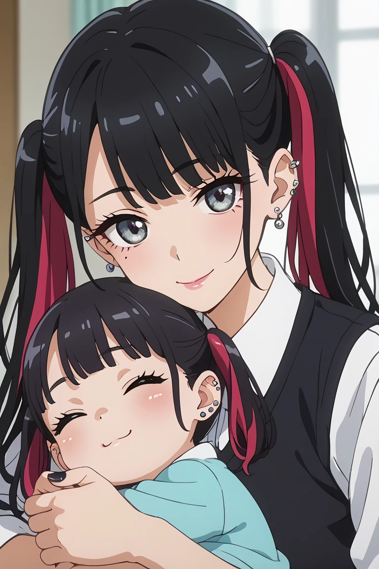 KJOnowa, grey eyes, black hair, multicolored hair, twintails, anime screencap, small breasts, nail polish, black nails,                    BREAK  earrings, piercing, ear piercing, takeda hiromitsu style,                          mother and baby, small girl,hugging up, ((baby with black hair)