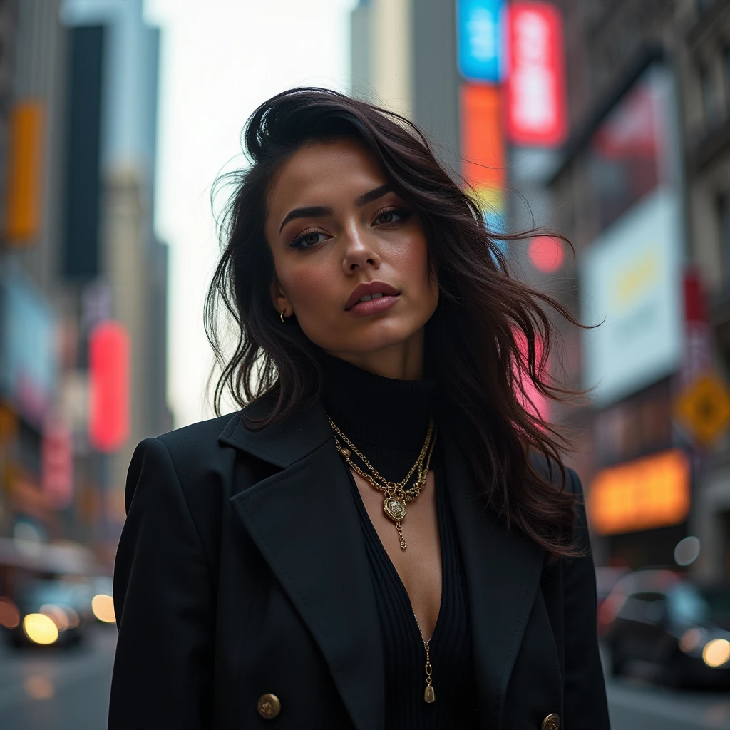 Lesa face, cool clothes, give really cool pose, background city
