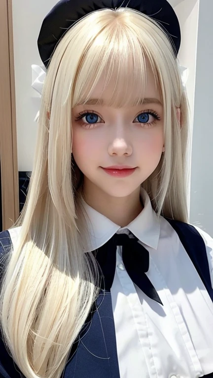  portrait、 School Uniform、 BRIGHT EXPRESSION 、young,  bright , Whiter skin、Great looks、Blonde reflection、  Platinum Blonde Hair with Dazzling Highlights、Shining bright hair,、Super Long,  silk straight hair 、 beautiful shiny bangs、Sparkling,  clear ,  charming big blue eyes 、 she's such a beautiful and adorable girl、 plump breasts 、black and white maid cafe uniform 