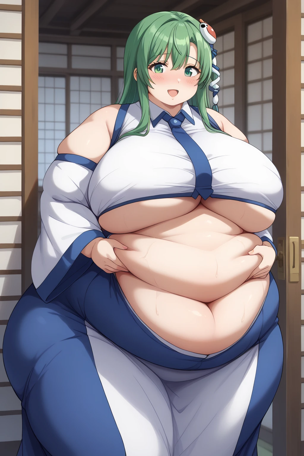 Sanae Kochiya,sanae kochiya, long hair、 green hair、 green eyes、 hair tube、Snake hair ornament, collared shirt,  white shirt、 Detached Sleeves 、 wide sleeve、 blue skirt、 frill skirt 、milf,Obese middle-aged woman, score_9,  score_8_ up、 score_7_ up、 score_6_ up、 score_5_ up、 score_4_ up、 masterpieces at the front door of the house、 top quality 、 very aesthetic、 absurd、 Anime Woman 、 one woman、Alone、 personal , Super huge breasts,((( super huge clevis, Super huge, Super huge boob))),Curvy、 chubby、blush、 embarrassing expression 、 troubled expression, Stomach flesh sticking out of clothes 、 sloppy stomach、Shrine garden、 I'm worried about fat around my stomach 、