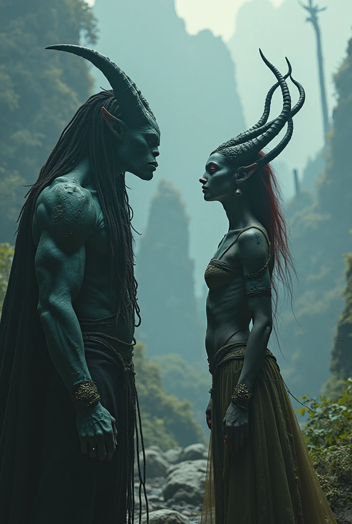A young man and a beautiful hornless devil talking concluding a walk along the edge of a river
