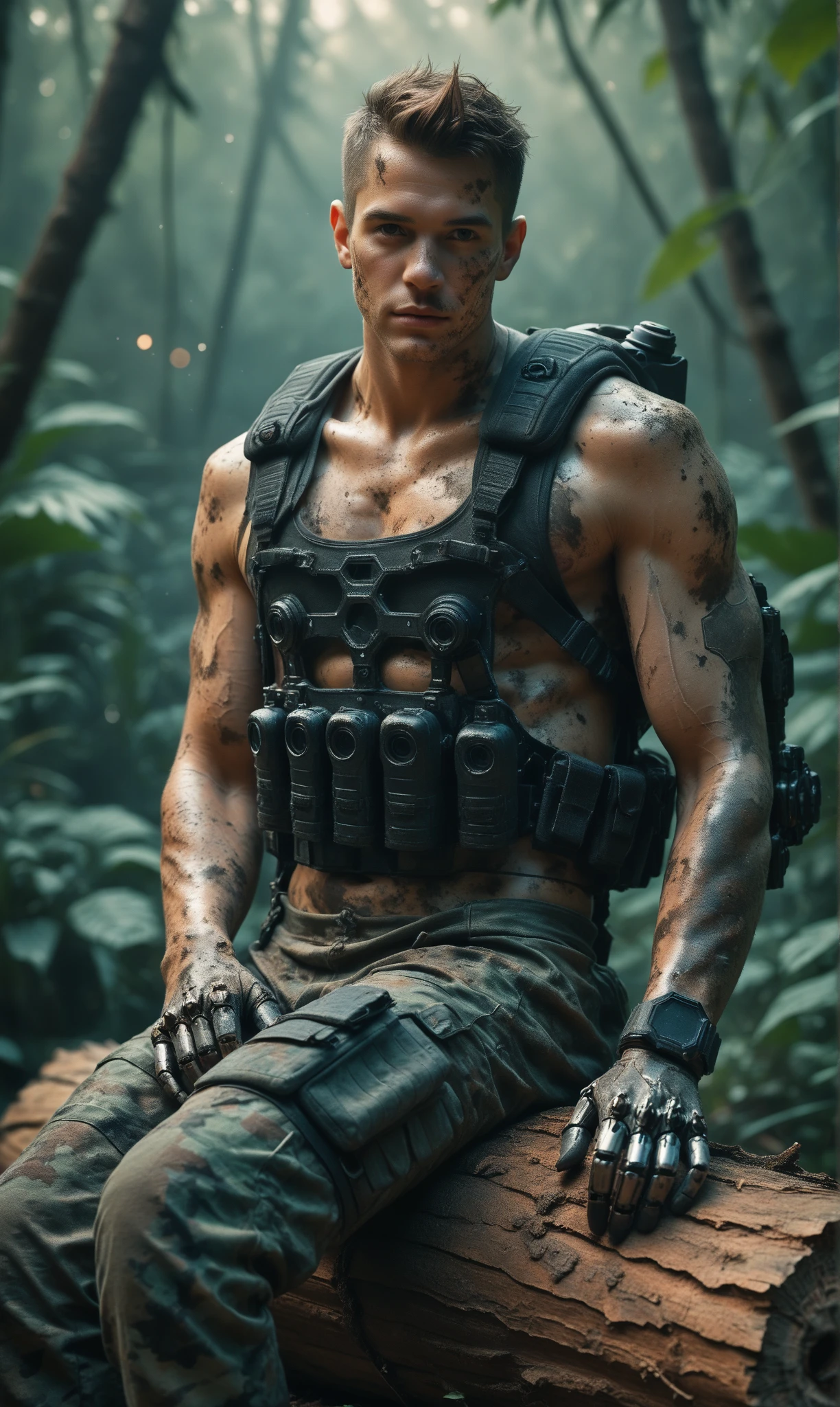 score_9, score_8_up, score_7_up, score_6_up, photo, realism, photorealistic, male, cyborg, cyberpunk elements, exoskeleton, muscular, mechanical body parts, tactical gear, camouflage, looking at viewer, dirt, jungle, sitting on log, looking at viewer, night, moonlight, depth of field, bokeh
