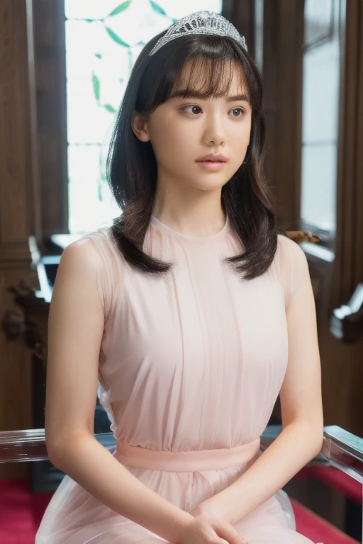 Clothed、(photoRealstic:1.4)、(hyper realisitic:1.4)、(reallistic:1.3)、(Smooth lighting:1.05)、(Improved cinematic lighting quality:0.9)、32K、1girl in、Japan women、Realistic lighting、Back lighting、Facial Lights、Ray tracing、(brightened light:1.2)、(Quality Improvement:1.4)、(Realistic textured skin of the highest quality:1.4)、fine detailed eyes、A detailed face、Fine quality eye、Brown eyes、(Tired, sleepy and satisfied: 0.0)、White silk blouse with ruffles and lace blue floral pattern、Thin string ribbon ties、dark brown hair、She wears short, Trimmed bangs on her forehead.、One adult woman with a faint smile、Standing in front of a bookshelf in a library