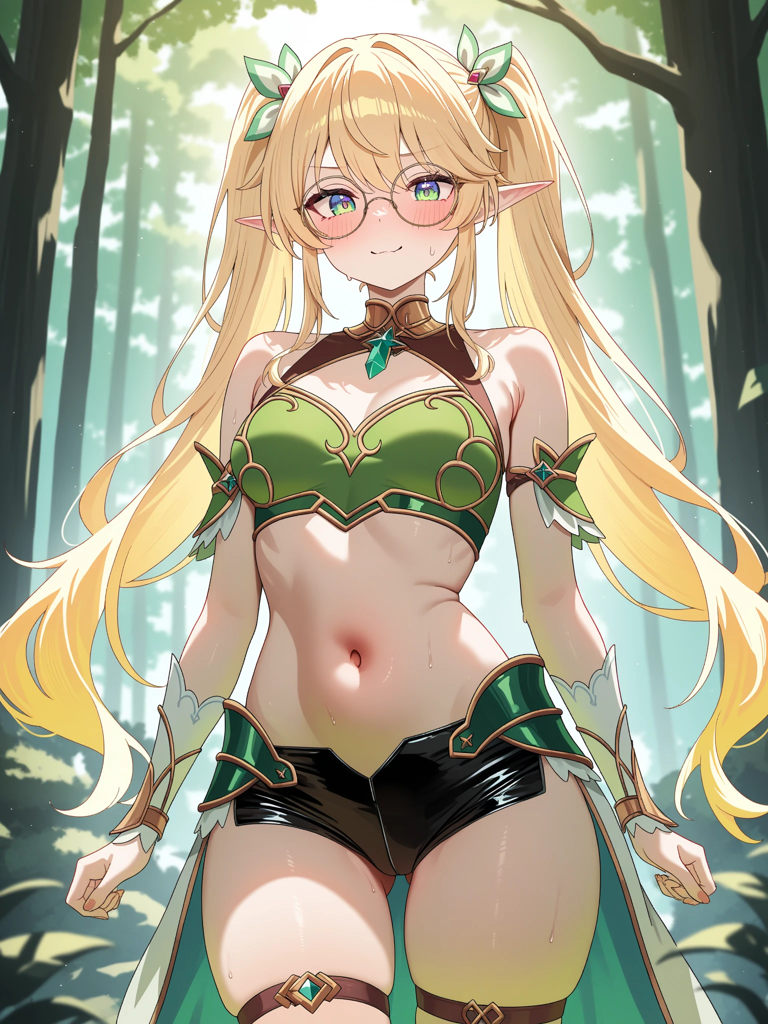 1 girl, 14 years, girl, Elven Woman, gentle expression, soft smile, blonde hair,twin tails, green eyes, small breasts, flat chest ,chubby belly, wide hips, big ass, thick thighs, white elf silk gown, white stockings, face forward,spread legs,shiny skin,drip,squatting, tree in the background, 8K, masterpiece,highly exposed,Plump 1:3,pregnancy 1:4,Maid Clothes 1:5